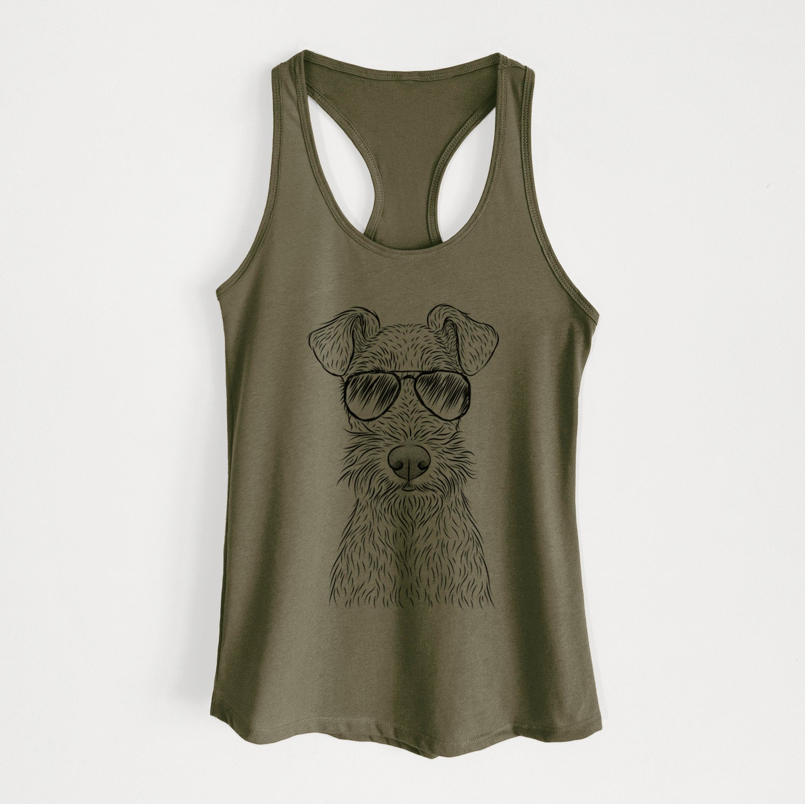 Hand-drawn sketch of Fitz the Wire Fox Terrier wearing aviator sunglasses on a Military Green Women's racerback tanktop