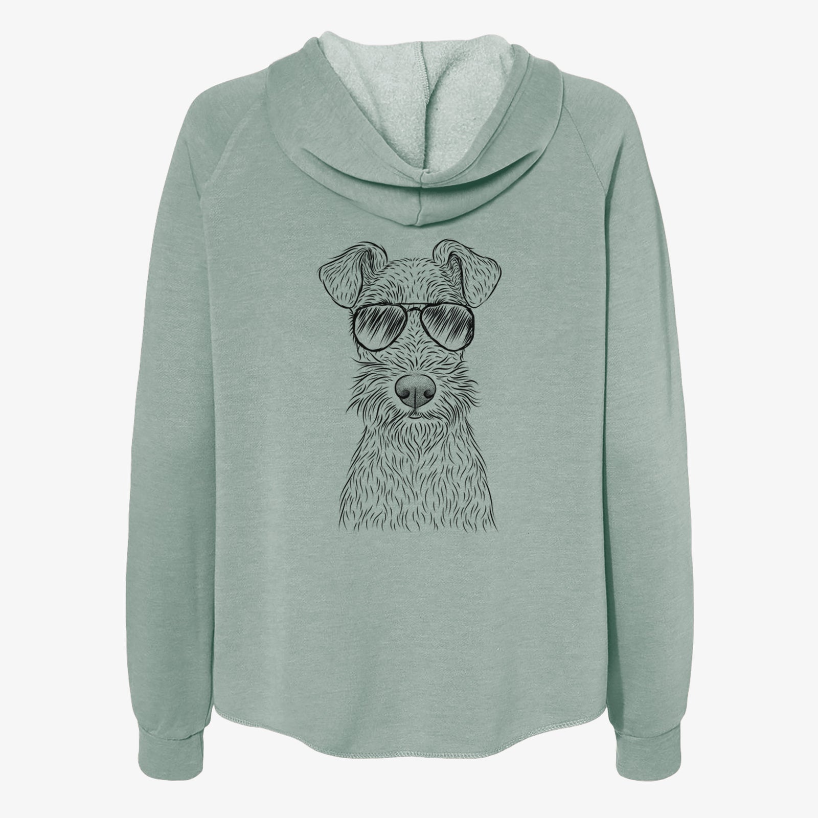 Hand-drawn sketch of Fitz the Wire Fox Terrier wearing aviator sunglasses on a Sage Women's cali wave zip-up sweatshirt