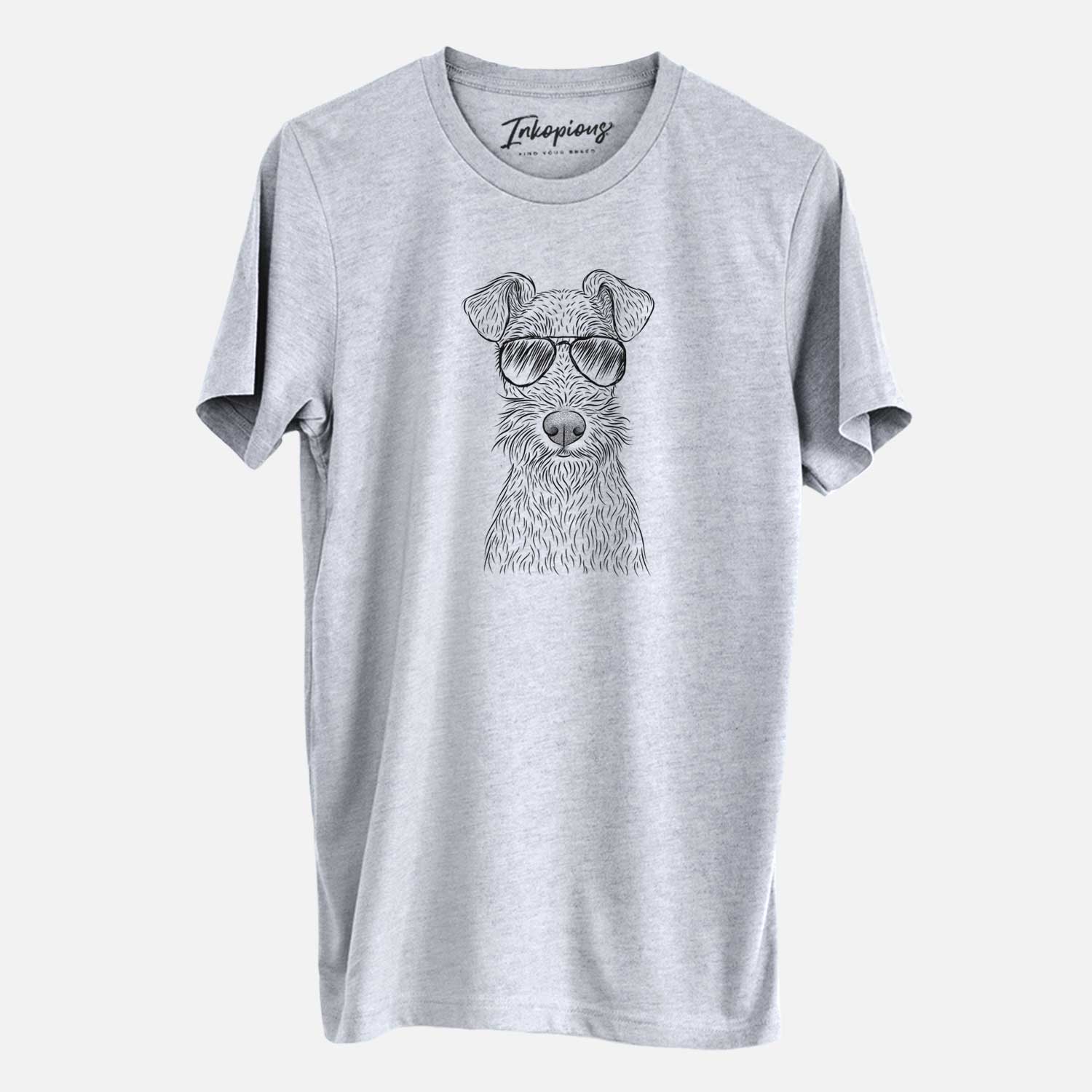 Hand-drawn sketch of Fitz the Wire Fox Terrier wearing aviator sunglasses on a Grey Unisex crewneck