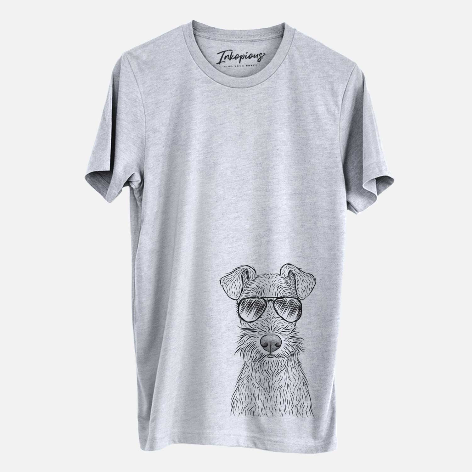 Hand-drawn sketch of Fitz the Wire Fox Terrier wearing aviator sunglasses on a Grey Unisex crewneck