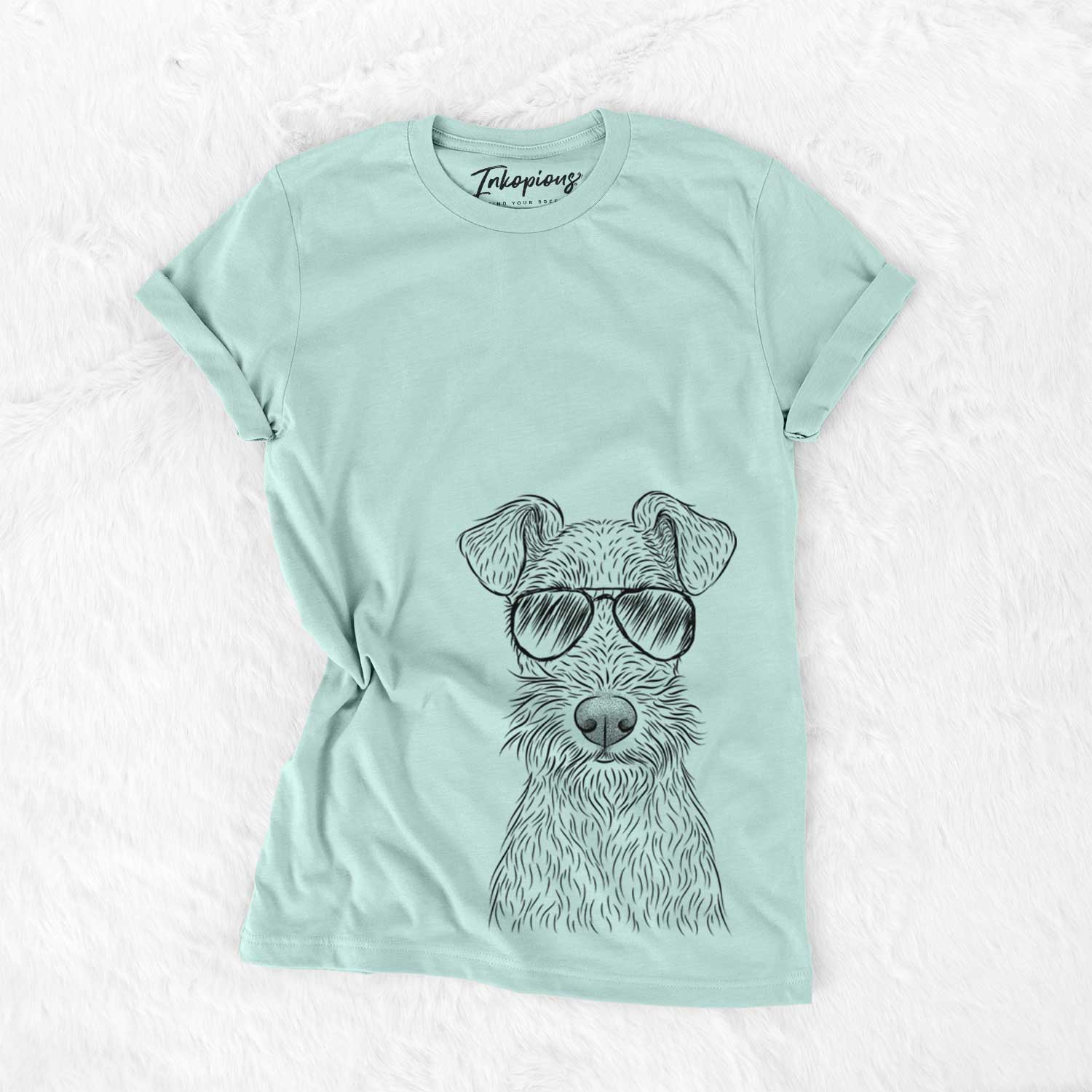 Hand-drawn sketch of Fitz the Wire Fox Terrier wearing aviator sunglasses on a Heather Sage Unisex crewneck