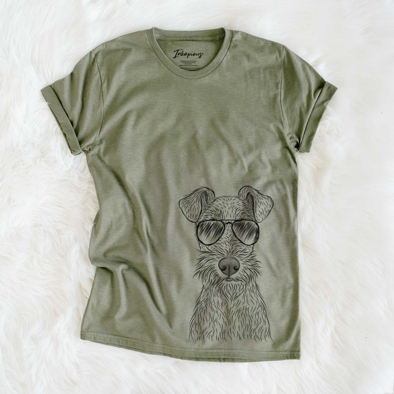 Hand-drawn sketch of Fitz the Wire Fox Terrier wearing aviator sunglasses on an Olive Unisex crewneck