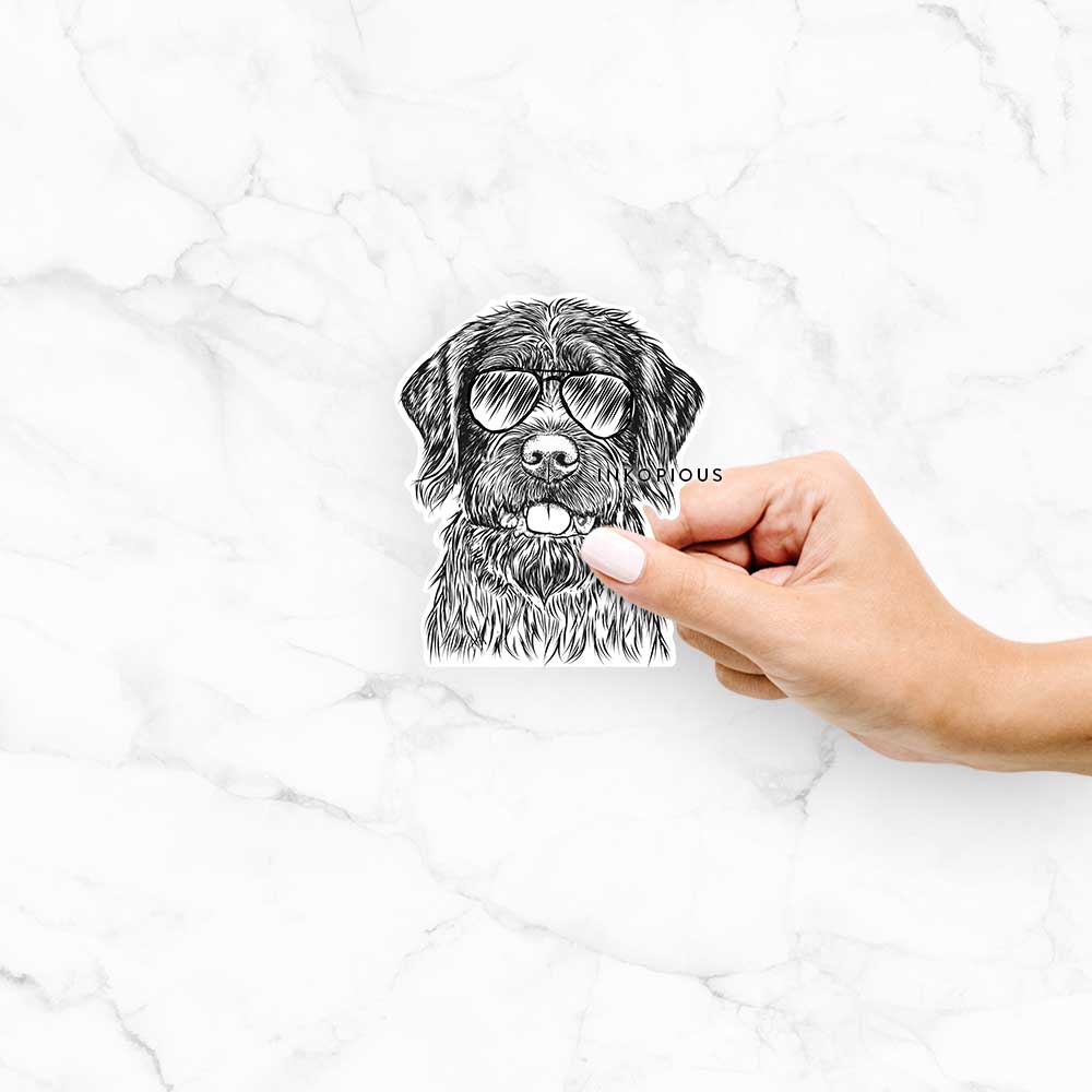 Hand-drawn sketch of Fletcher the Wirehaired Pointing Griffon wearing aviator sunglasses on a decal sticker
