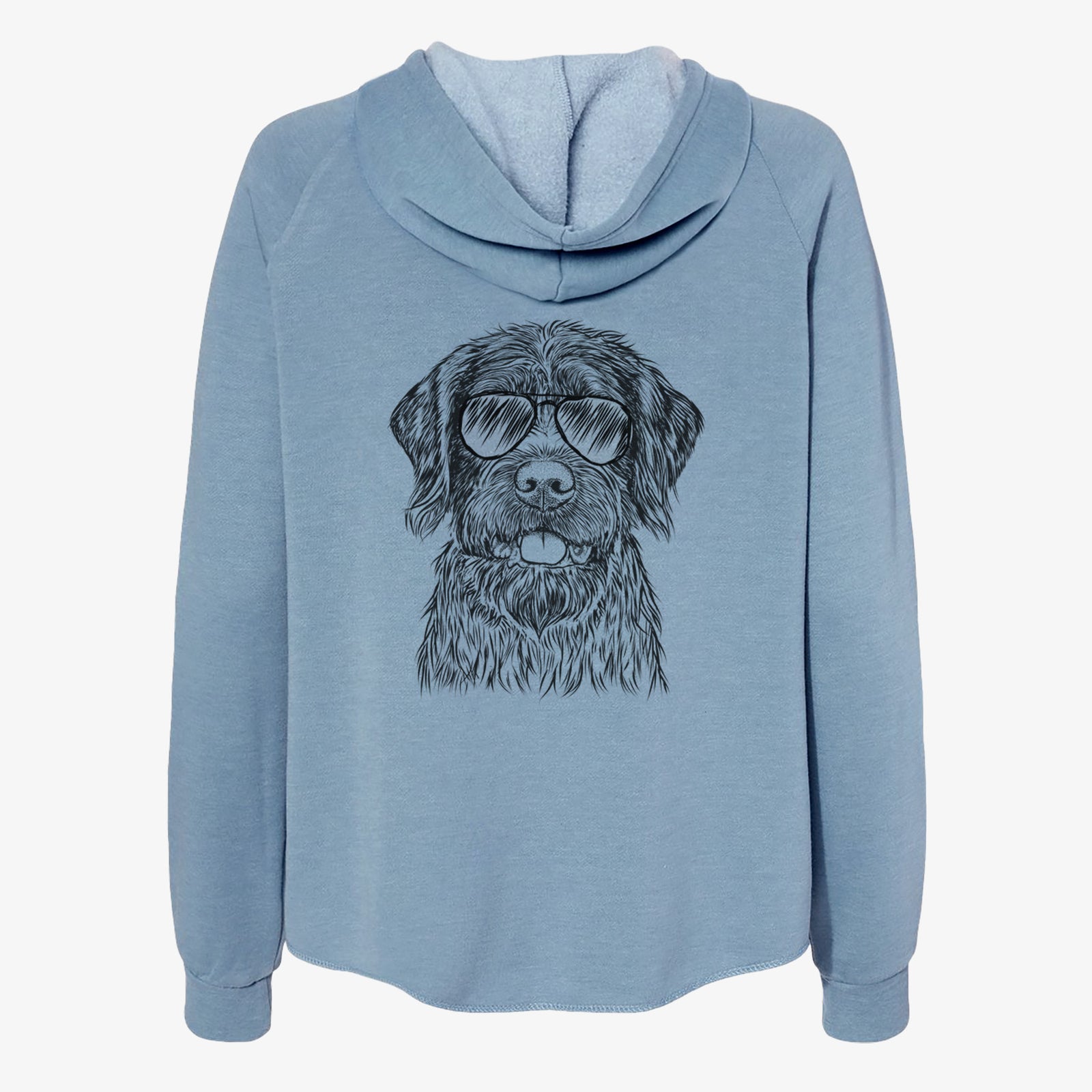 Hand-drawn sketch of Fletcher the Wirehaired Pointing Griffon wearing aviator sunglasses on a Misty Blue Women's cali wave zip-up sweatshirt