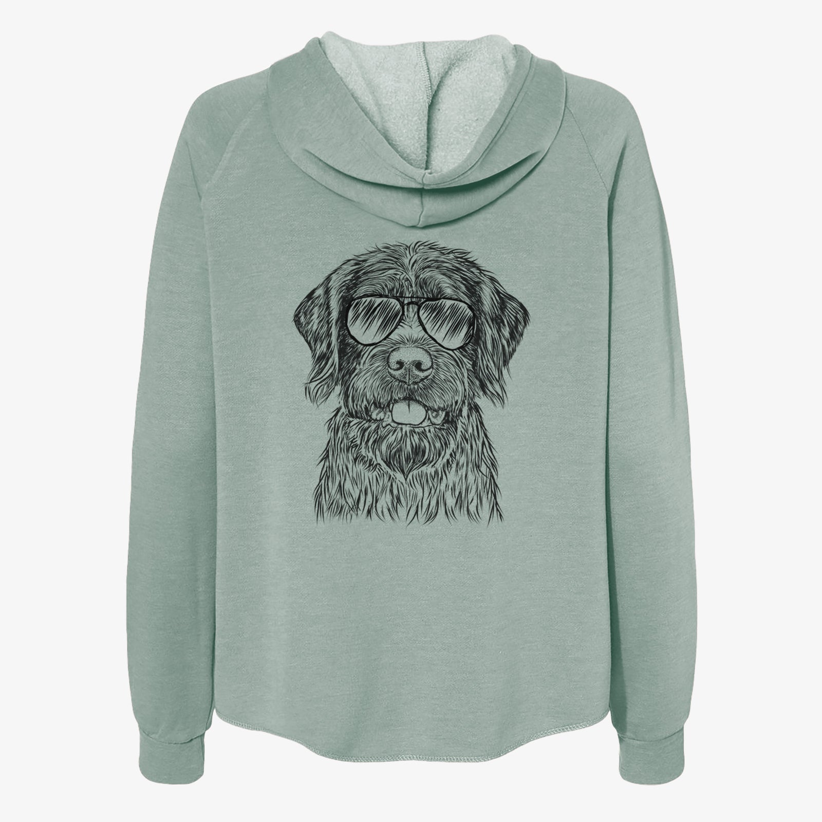 Hand-drawn sketch of Fletcher the Wirehaired Pointing Griffon wearing aviator sunglasses on a Sage Women's cali wave zip-up sweatshirt