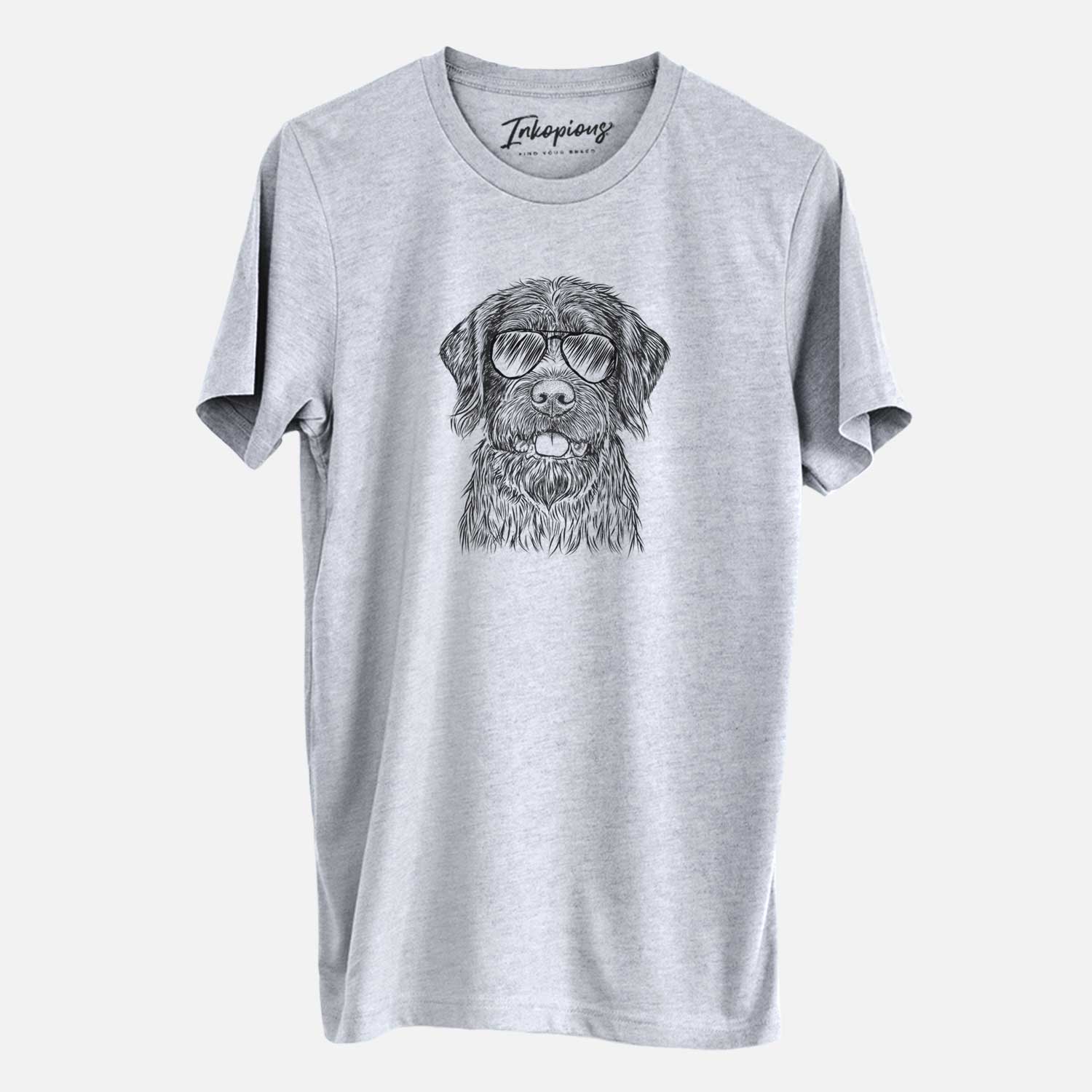 Hand-drawn sketch of Fletcher the Wirehaired Pointing Griffon wearing aviator sunglasses on a Grey Unisex crewneck