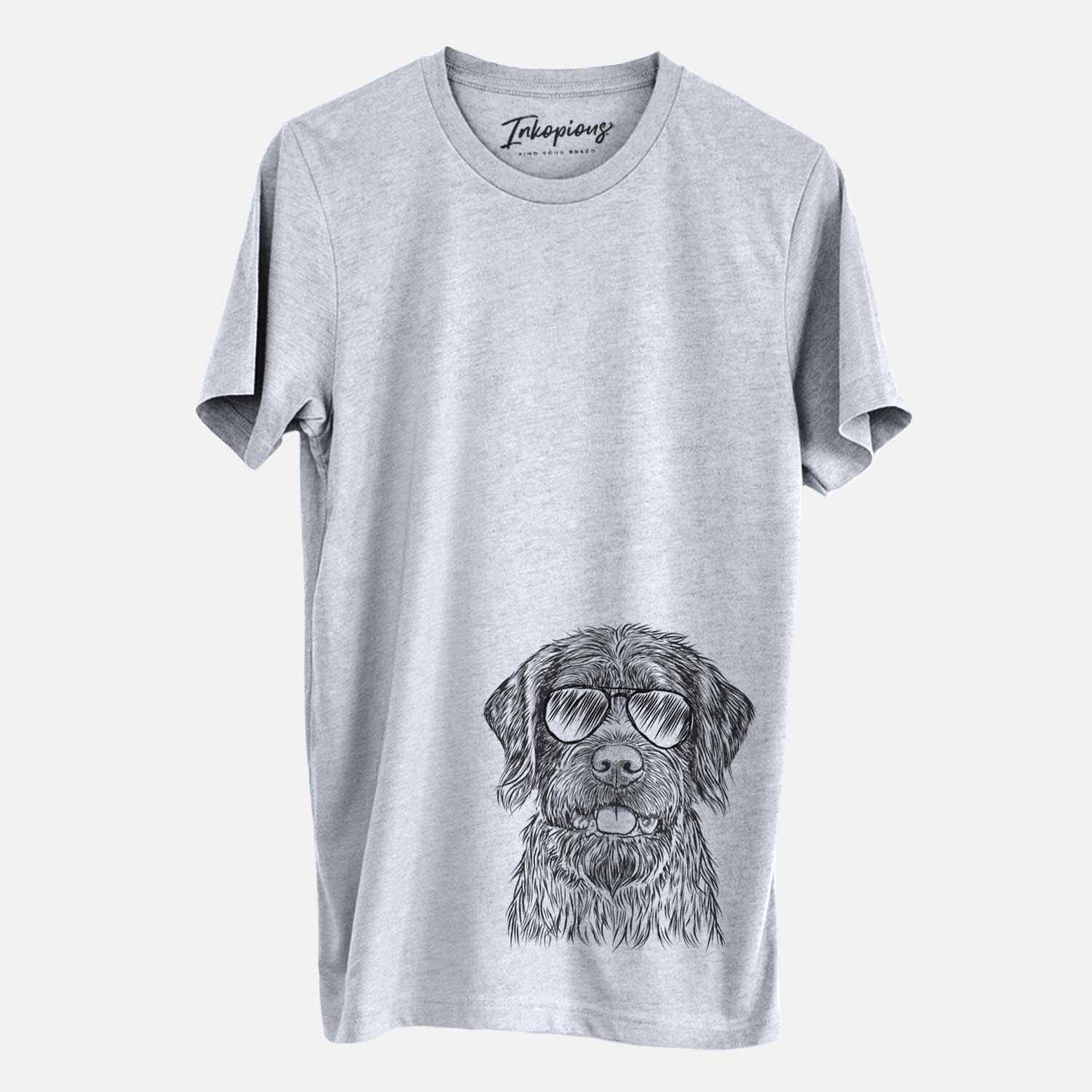 Hand-drawn sketch of Fletcher the Wirehaired Pointing Griffon wearing aviator sunglasses on a Grey Unisex crewneck