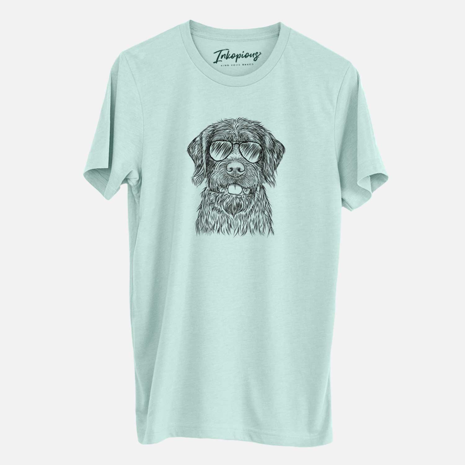 Hand-drawn sketch of Fletcher the Wirehaired Pointing Griffon wearing aviator sunglasses on a Heather Sage Unisex crewneck