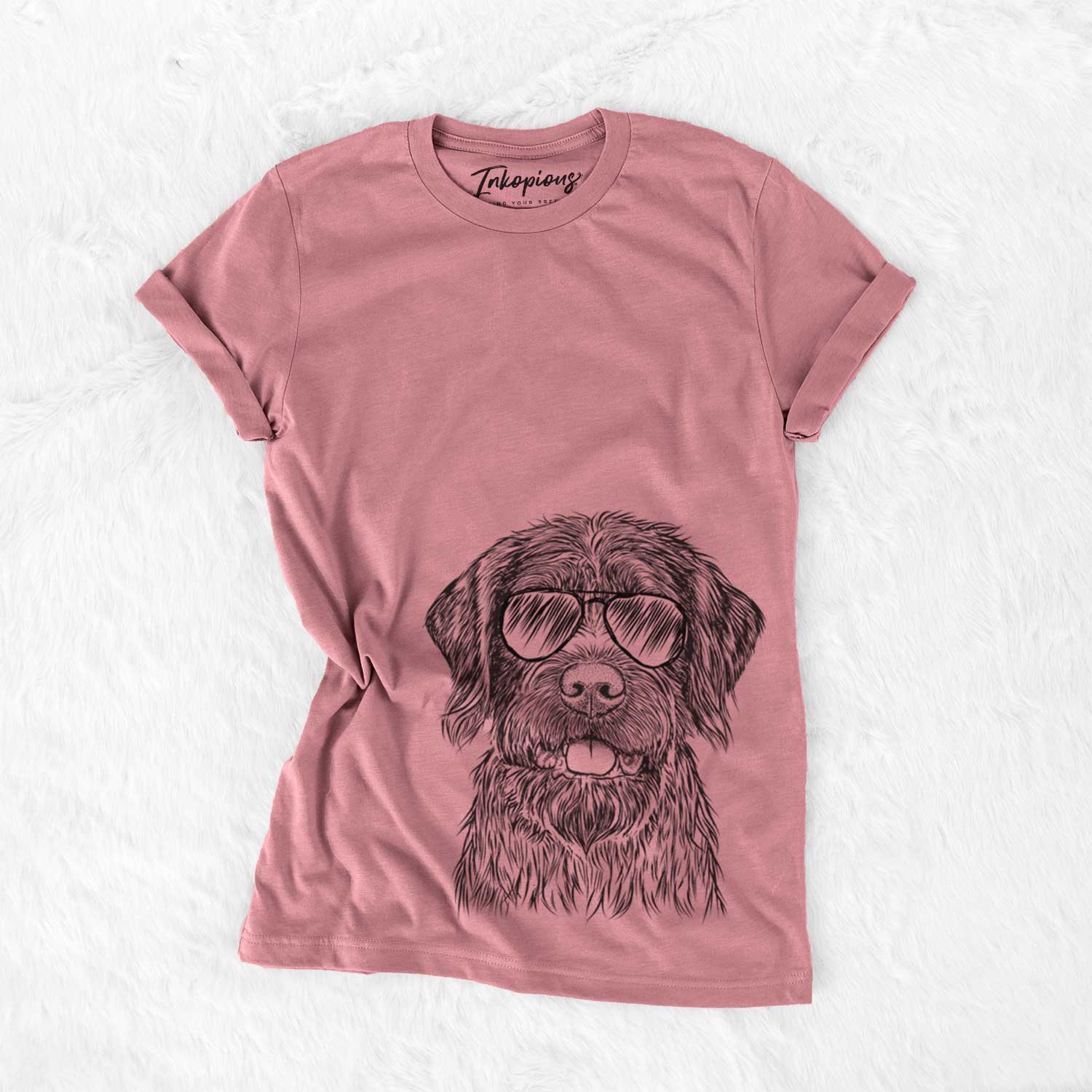 Hand-drawn sketch of Fletcher the Wirehaired Pointing Griffon wearing aviator sunglasses on a Mauve Unisex crewneck