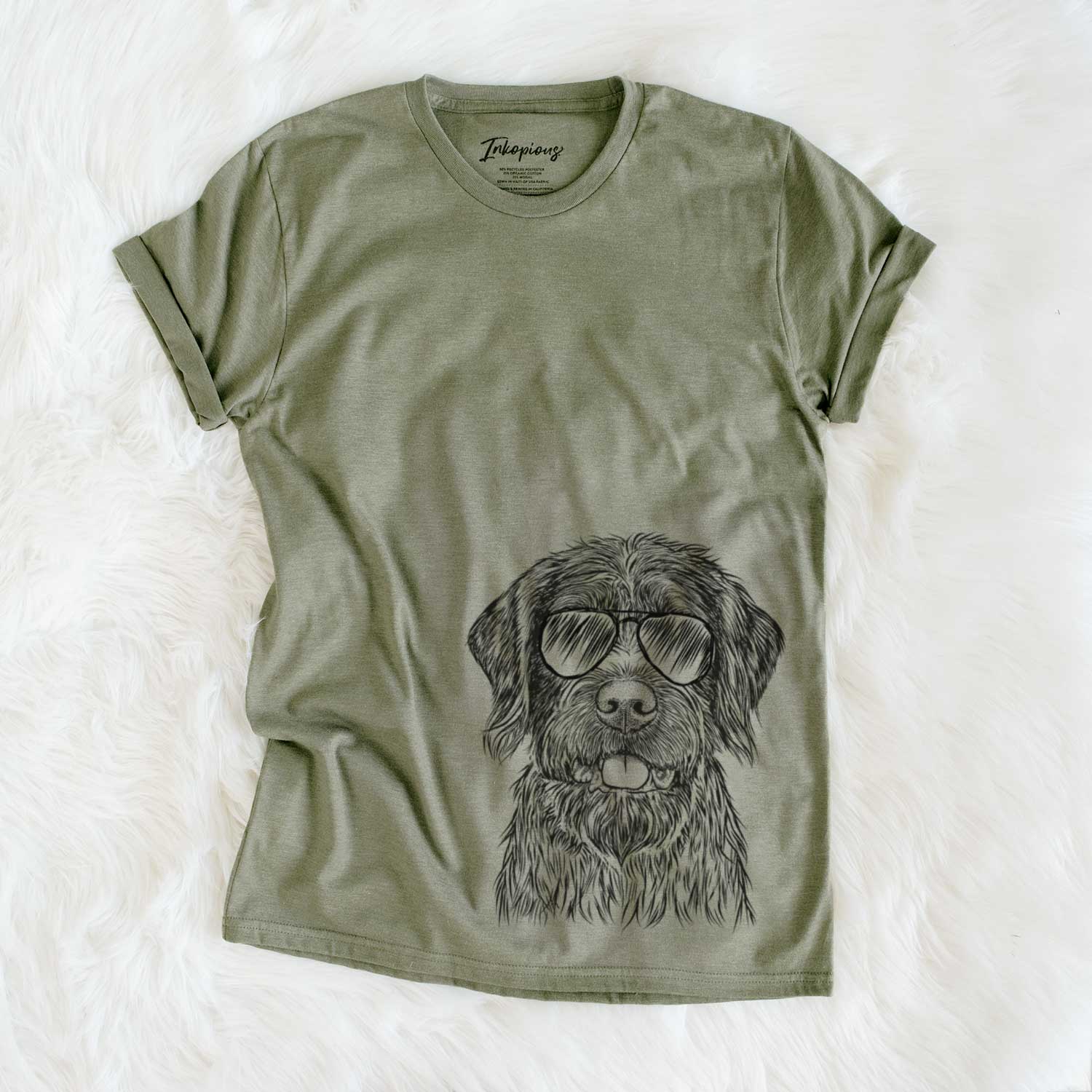 Hand-drawn sketch of Fletcher the Wirehaired Pointing Griffon wearing aviator sunglasses on an Olive Unisex crewneck