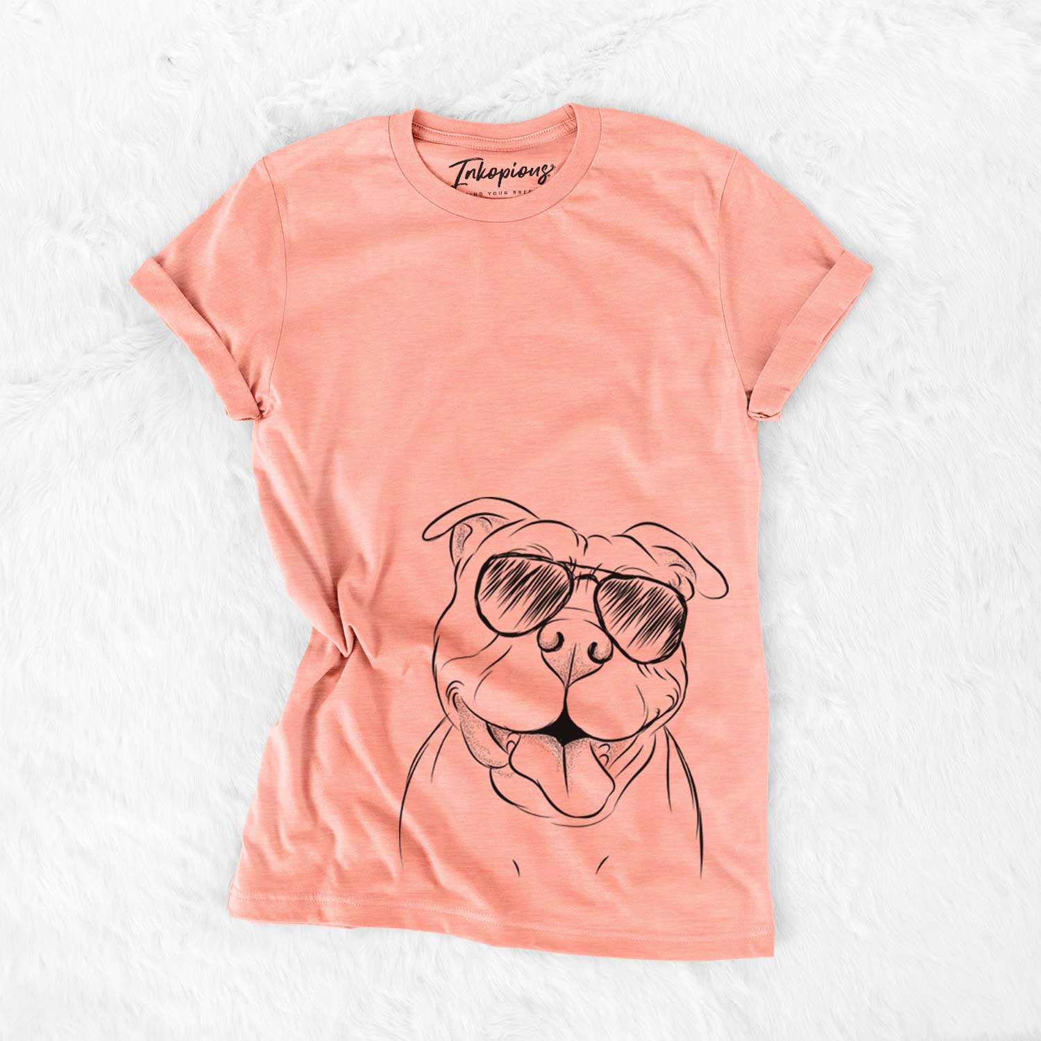 Hand-drawn sketch of Floki the American Bully wearing aviator sunglasses on a Sunset Bella Canvas Unisex Crewneck