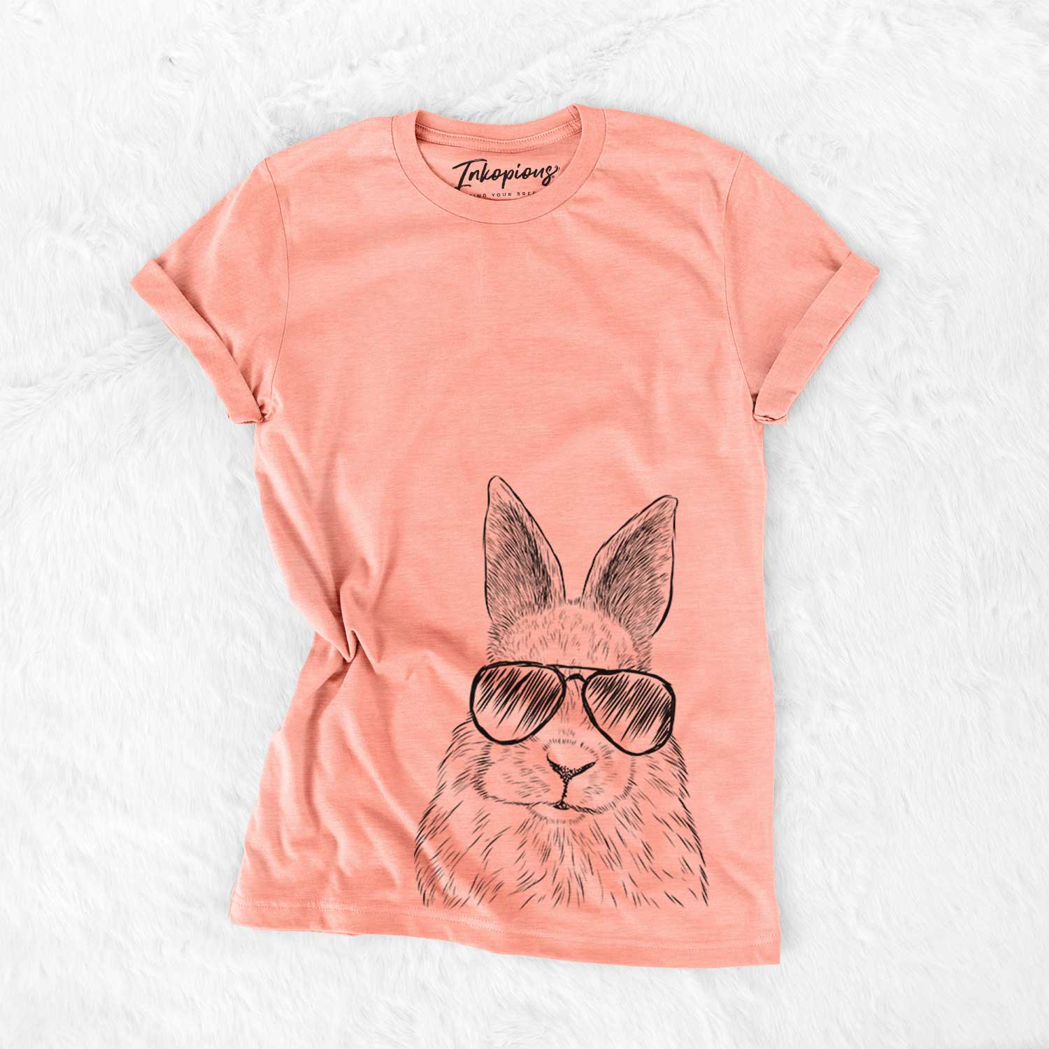 Hand-drawn sketch of Flower the Rex Rabbit wearing aviator sunglasses on a Sunset Bella Canvas Unisex Crewneck
