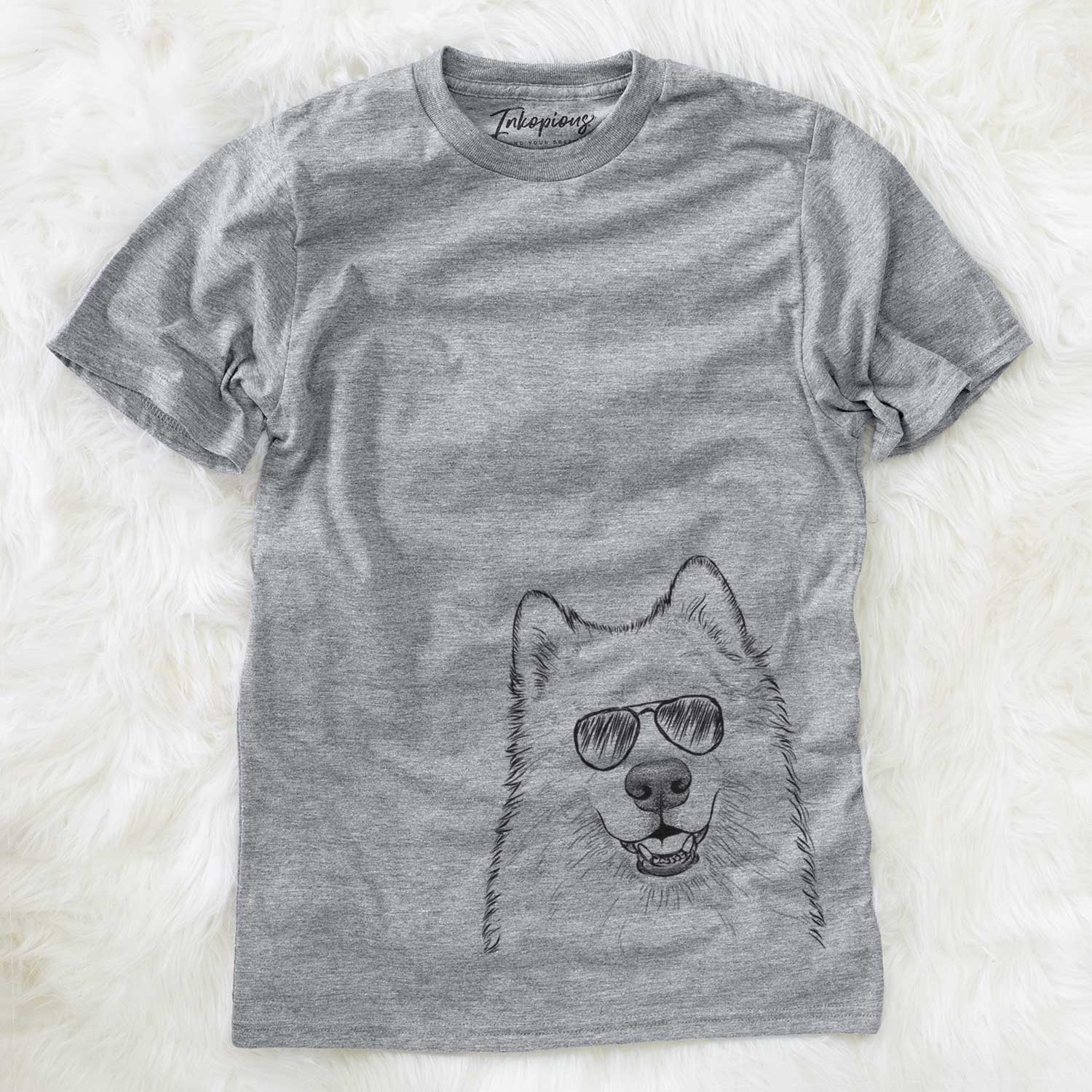 Hand-drawn sketch of Foster the Samoyed wearing aviator sunglasses on a Grey Unisex crewneck