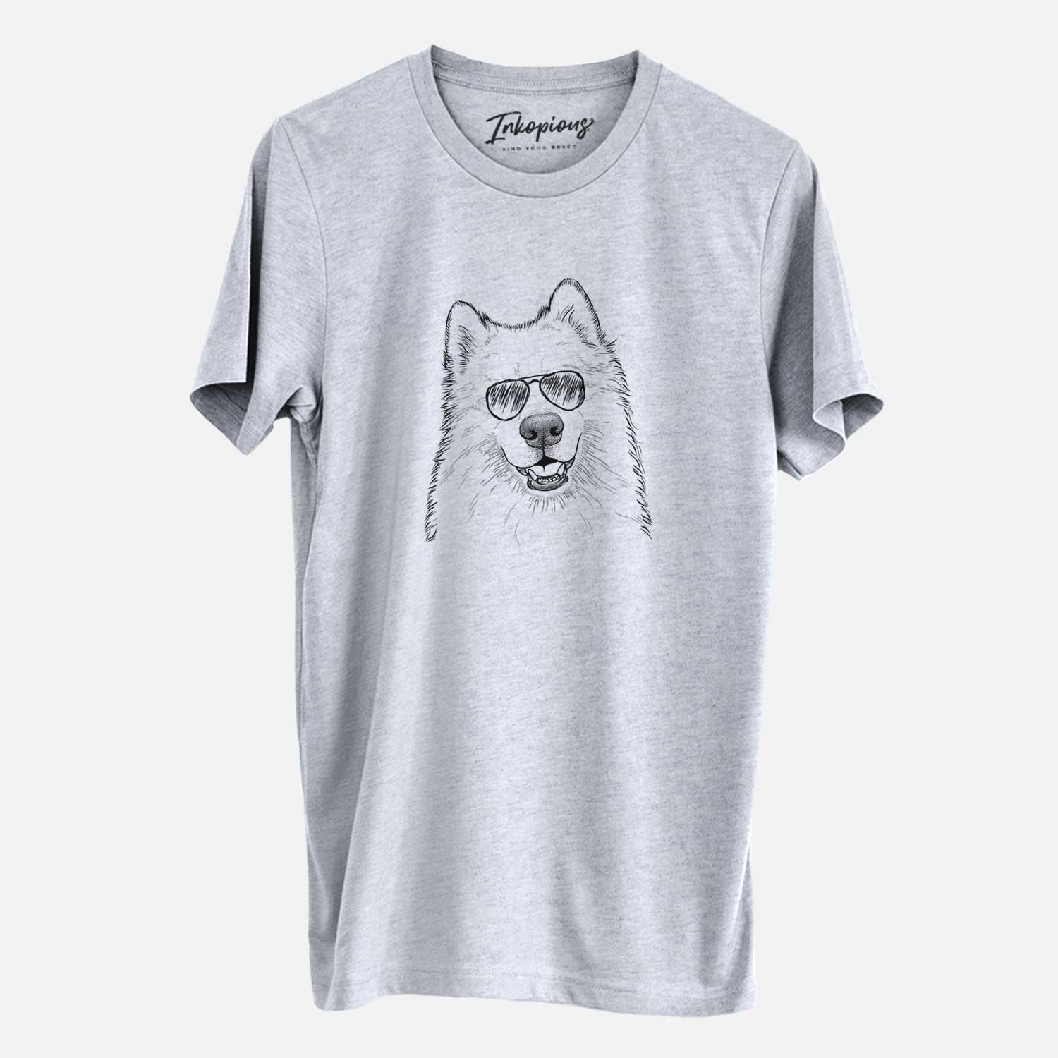 Hand-drawn sketch of Foster the Samoyed wearing aviator sunglasses on a Grey Unisex crewneck