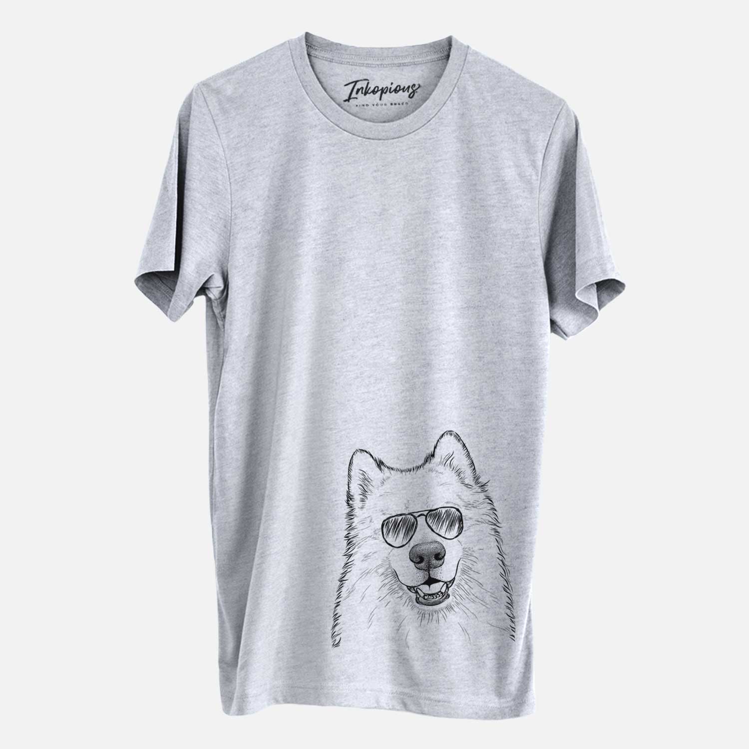 Hand-drawn sketch of Foster the Samoyed wearing aviator sunglasses on a Grey Unisex crewneck