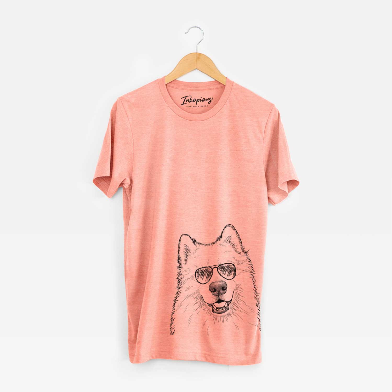 Hand-drawn sketch of Foster the Samoyed wearing aviator sunglasses on a Sunset Unisex crewneck