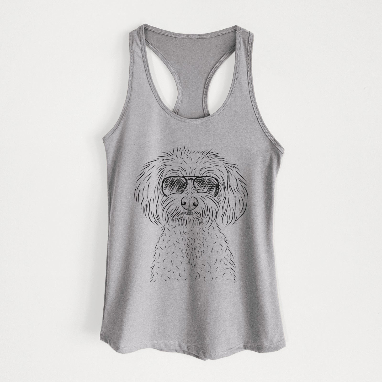 Hand-drawn sketch of Francesca the Maltipoo wearing aviator sunglasses on a Heather Grey Women's racerback tanktop