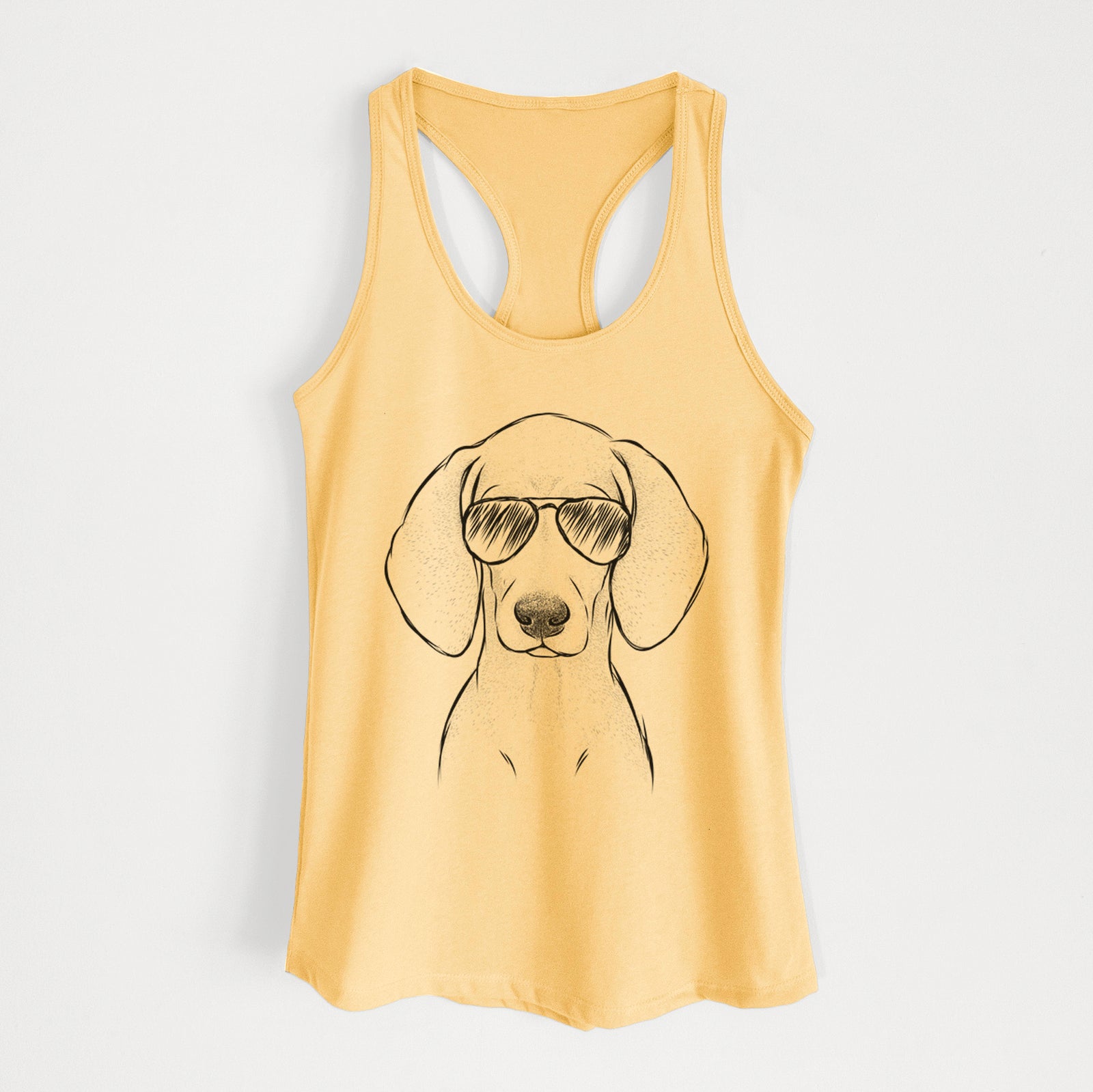 Hand-drawn sketch of Frejya the Weimaraner wearing aviator sunglasses on a Banana Cream Women's racerback tanktop