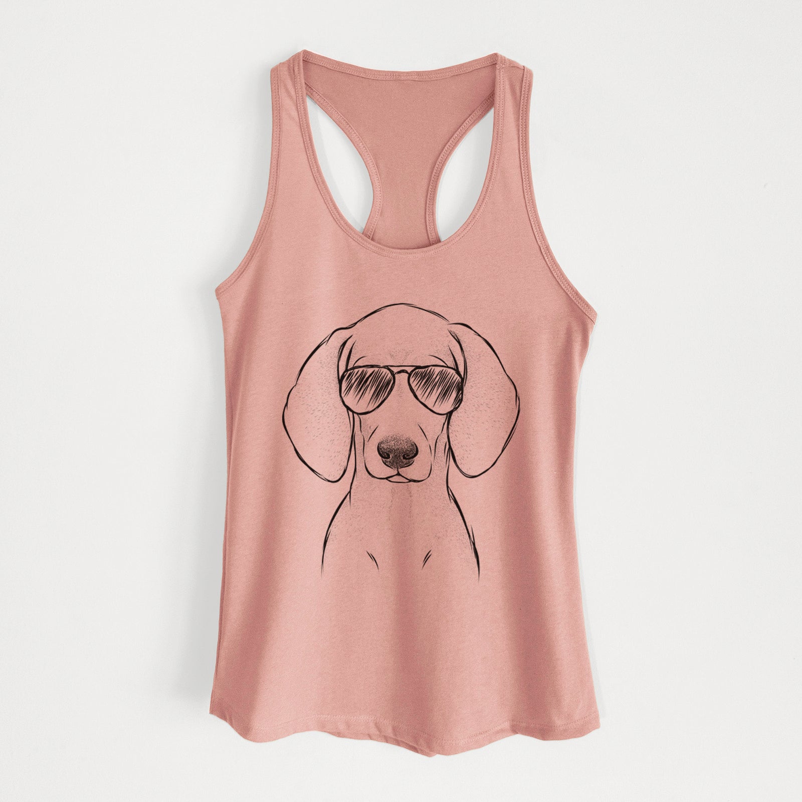 Hand-drawn sketch of Frejya the Weimaraner wearing aviator sunglasses on a Desert Pink Women's racerback tanktop