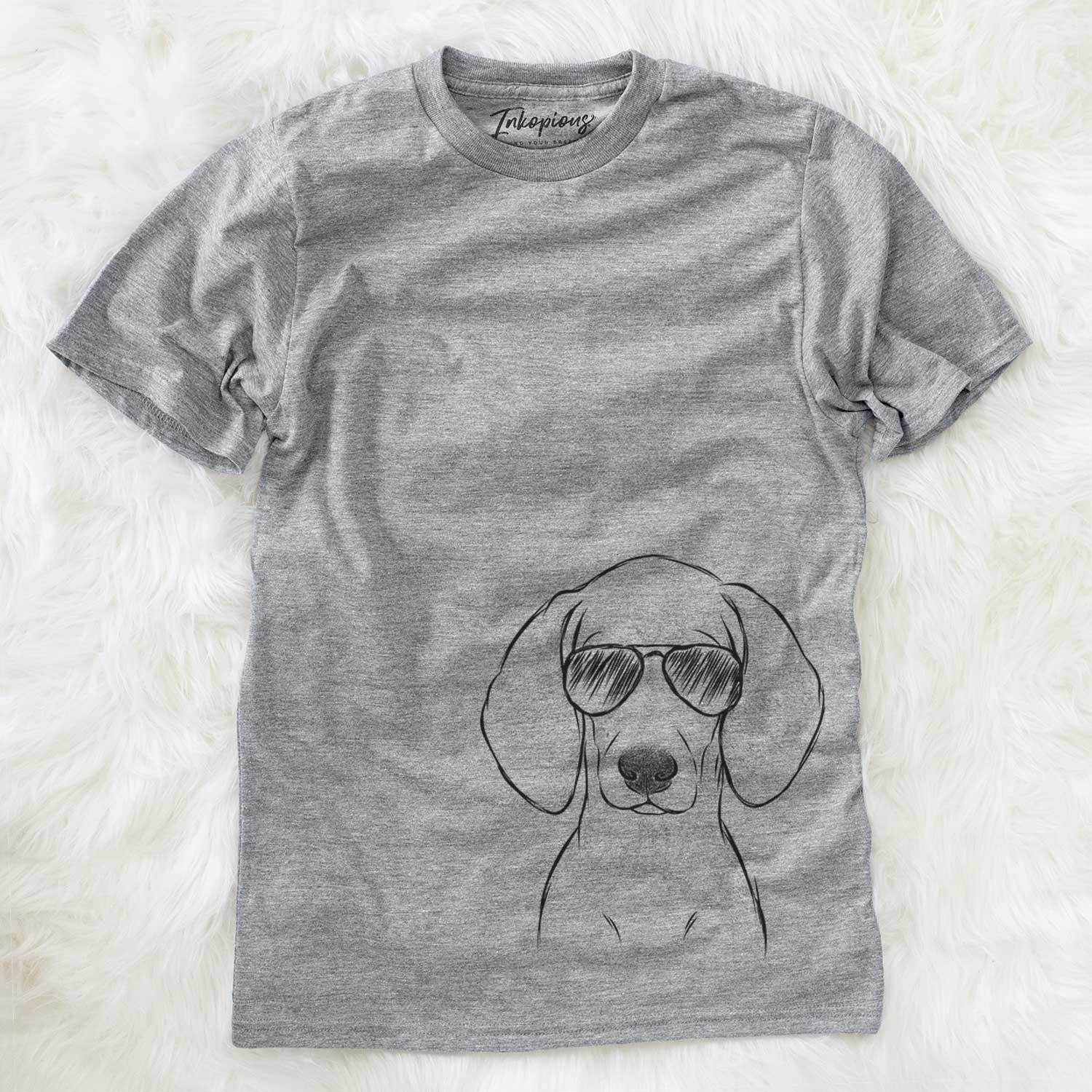 Hand-drawn sketch of Frejya the Weimaraner wearing aviator sunglasses on a Grey Unisex crewneck