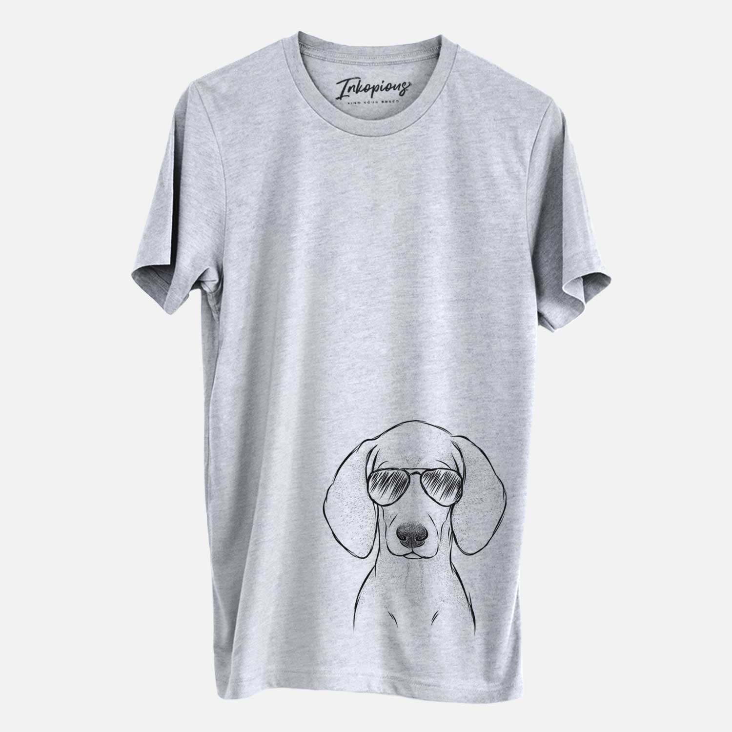 Hand-drawn sketch of Frejya the Weimaraner wearing aviator sunglasses on a Grey Unisex crewneck