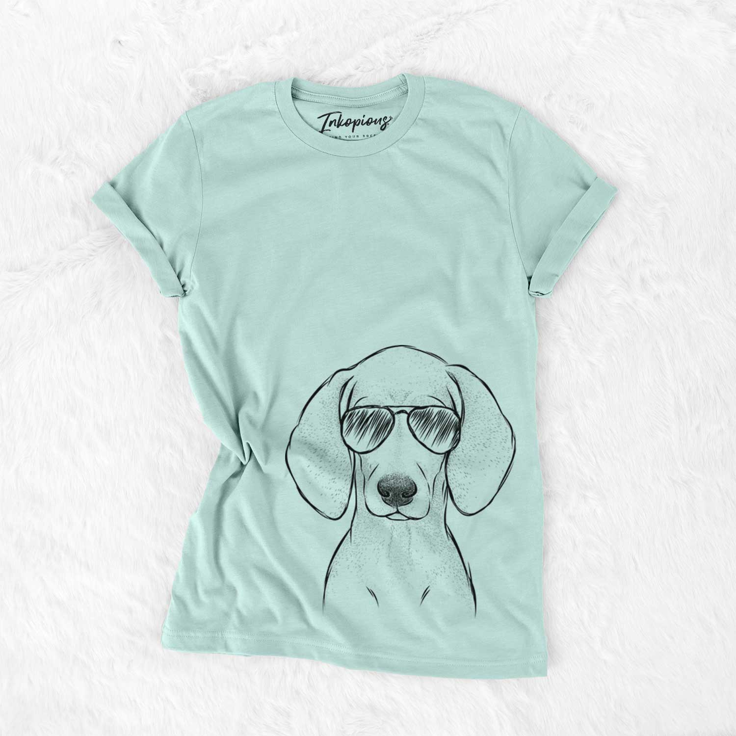 Hand-drawn sketch of Frejya the Weimaraner wearing aviator sunglasses on a Heather Sage Unisex crewneck