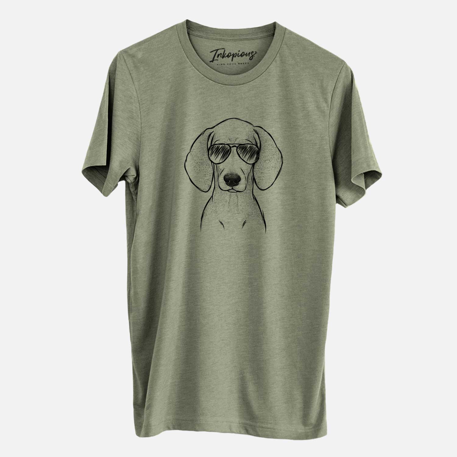 Hand-drawn sketch of Frejya the Weimaraner wearing aviator sunglasses on an Olive Unisex crewneck