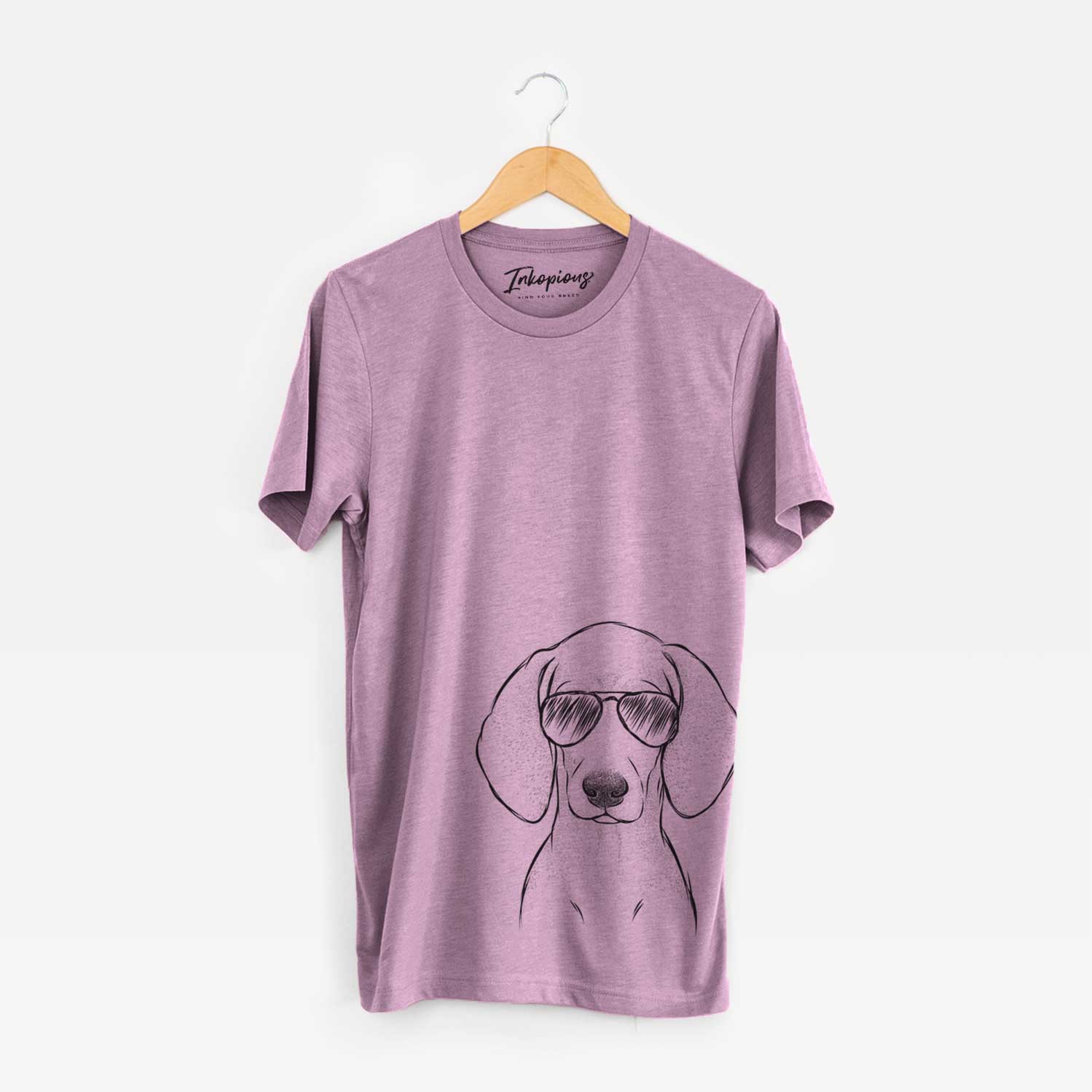 Hand-drawn sketch of Frejya the Weimaraner wearing aviator sunglasses on an Orchid Bella Canvas Unisex Crewneck