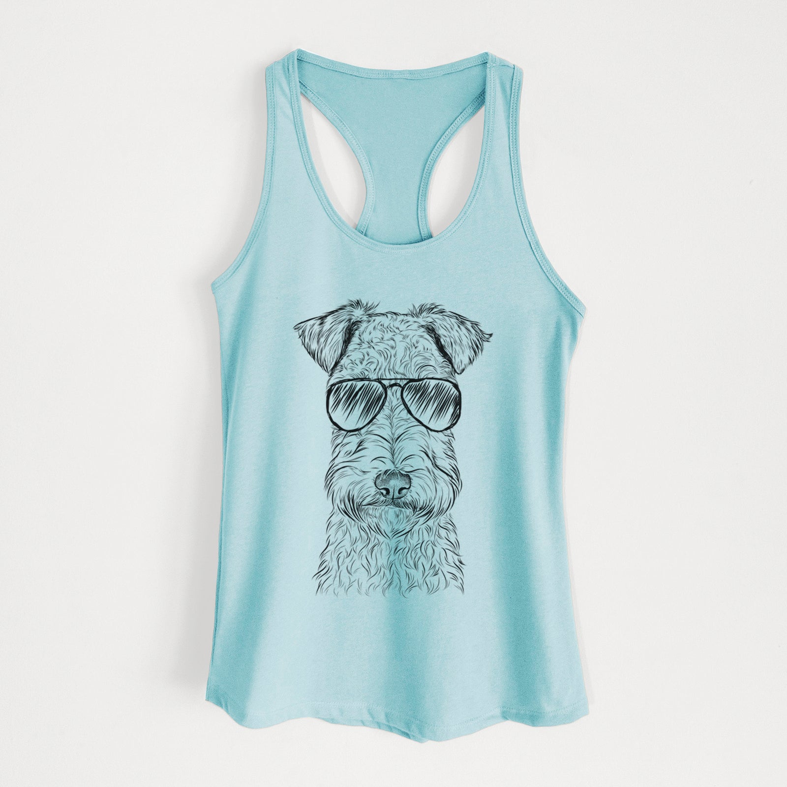Hand-drawn sketch of Frida the Lakeland Terrier wearing aviator sunglasses on a Cancun Blue Women's racerback tanktop