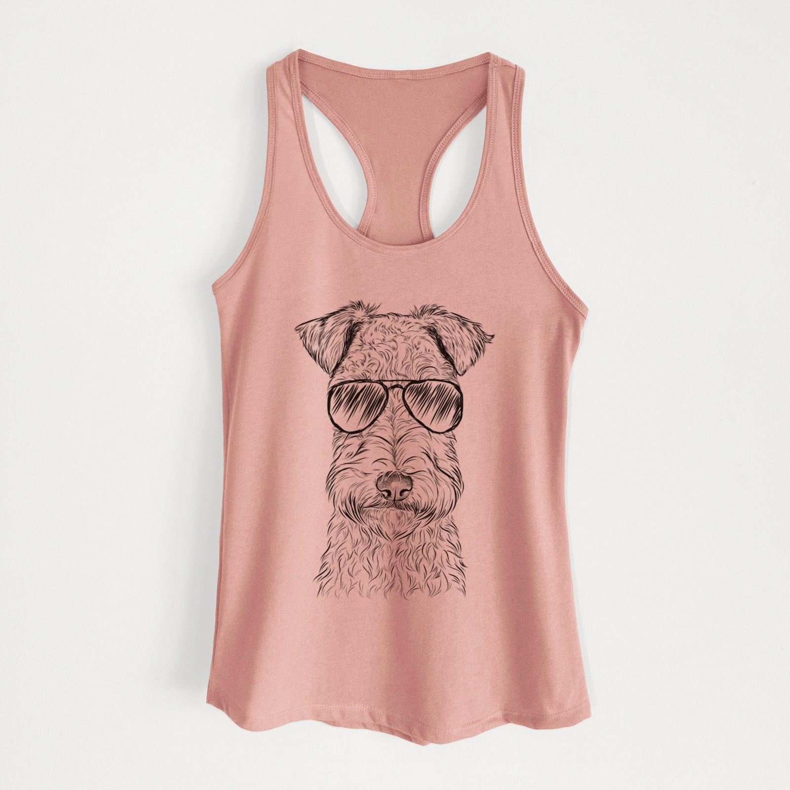 Hand-drawn sketch of Frida the Lakeland Terrier wearing aviator sunglasses on a Desert Pink Women's racerback tanktop