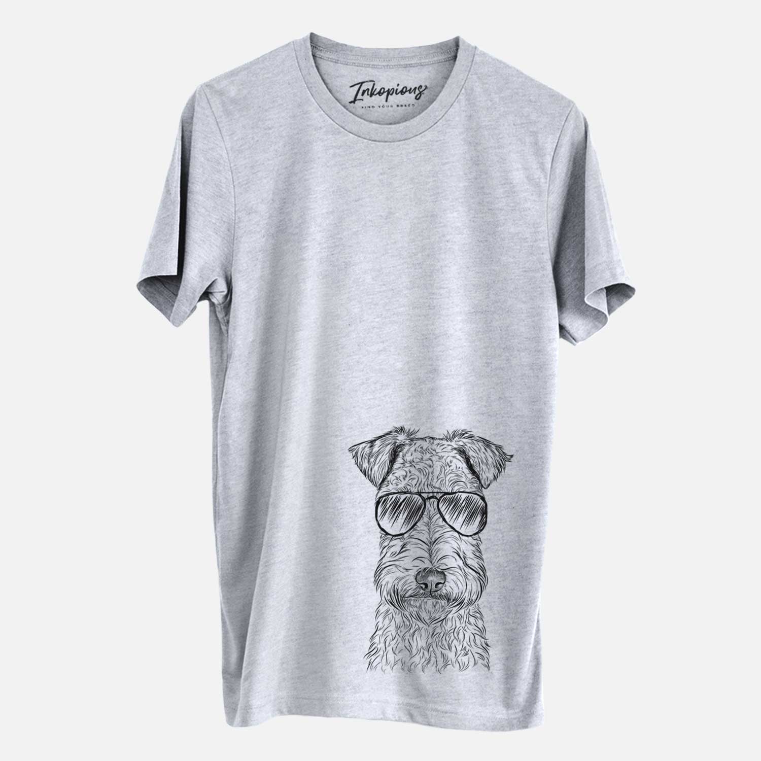 Hand-drawn sketch of Frida the Lakeland Terrier wearing aviator sunglasses on a Grey Unisex crewneck