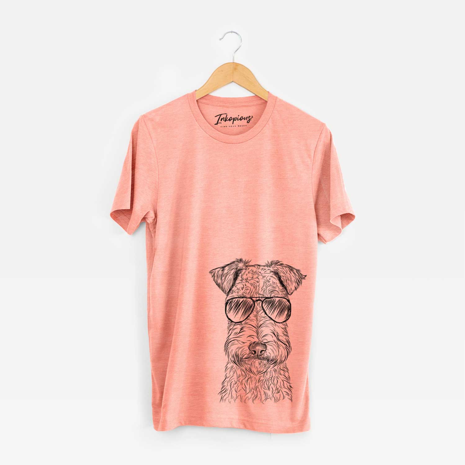 Hand-drawn sketch of Frida the Lakeland Terrier wearing aviator sunglasses on a Sunset Unisex crewneck