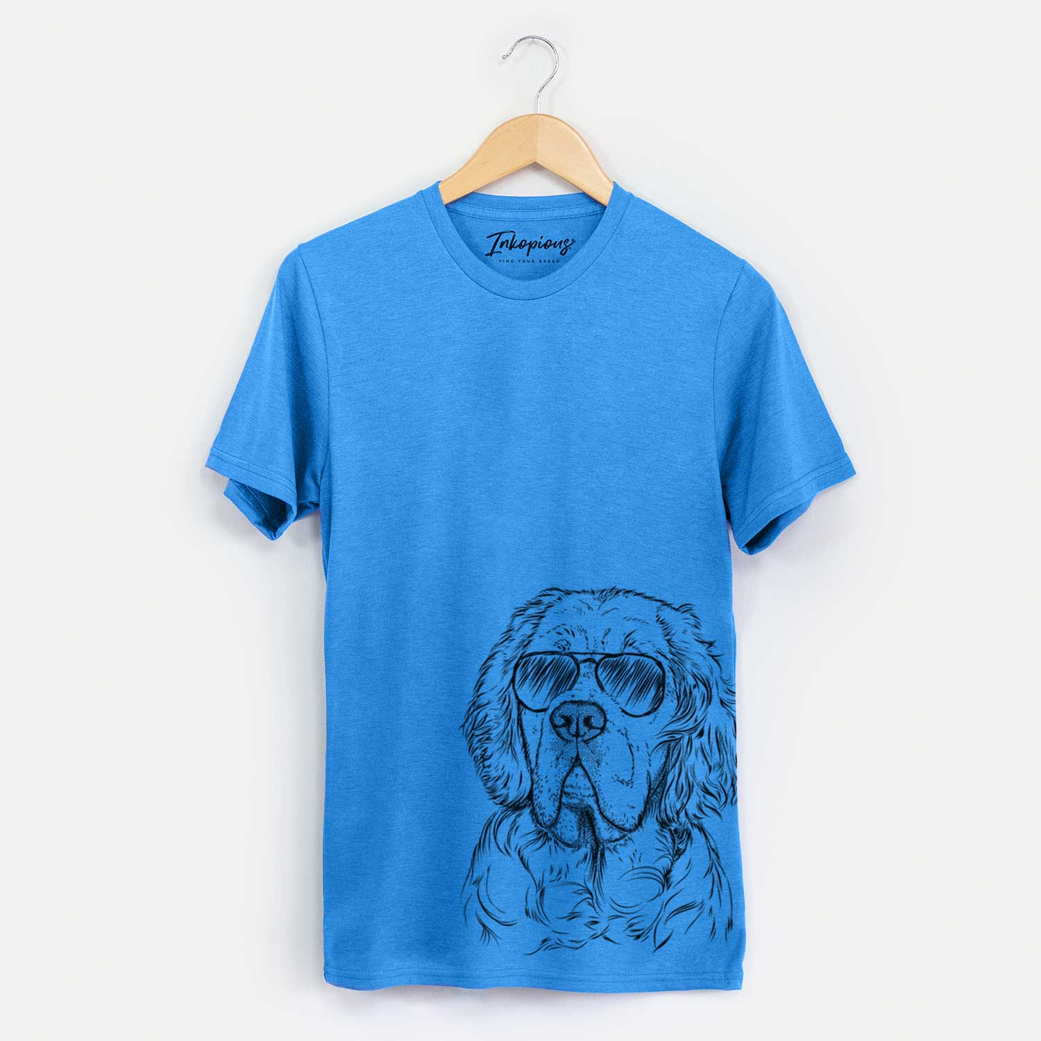 Hand-drawn sketch of Gary the Clumber Spaniel wearing aviator sunglasses on a Blue Unisex crewneck