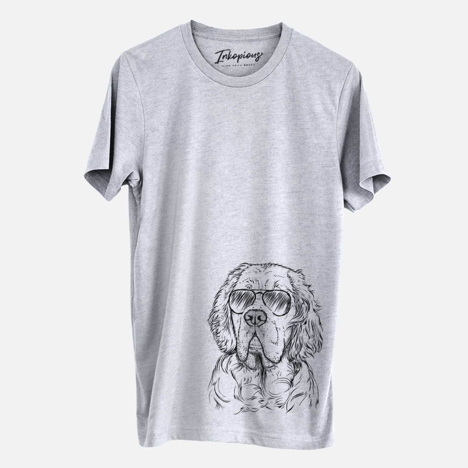Hand-drawn sketch of Gary the Clumber Spaniel wearing aviator sunglasses on a Grey Unisex crewneck