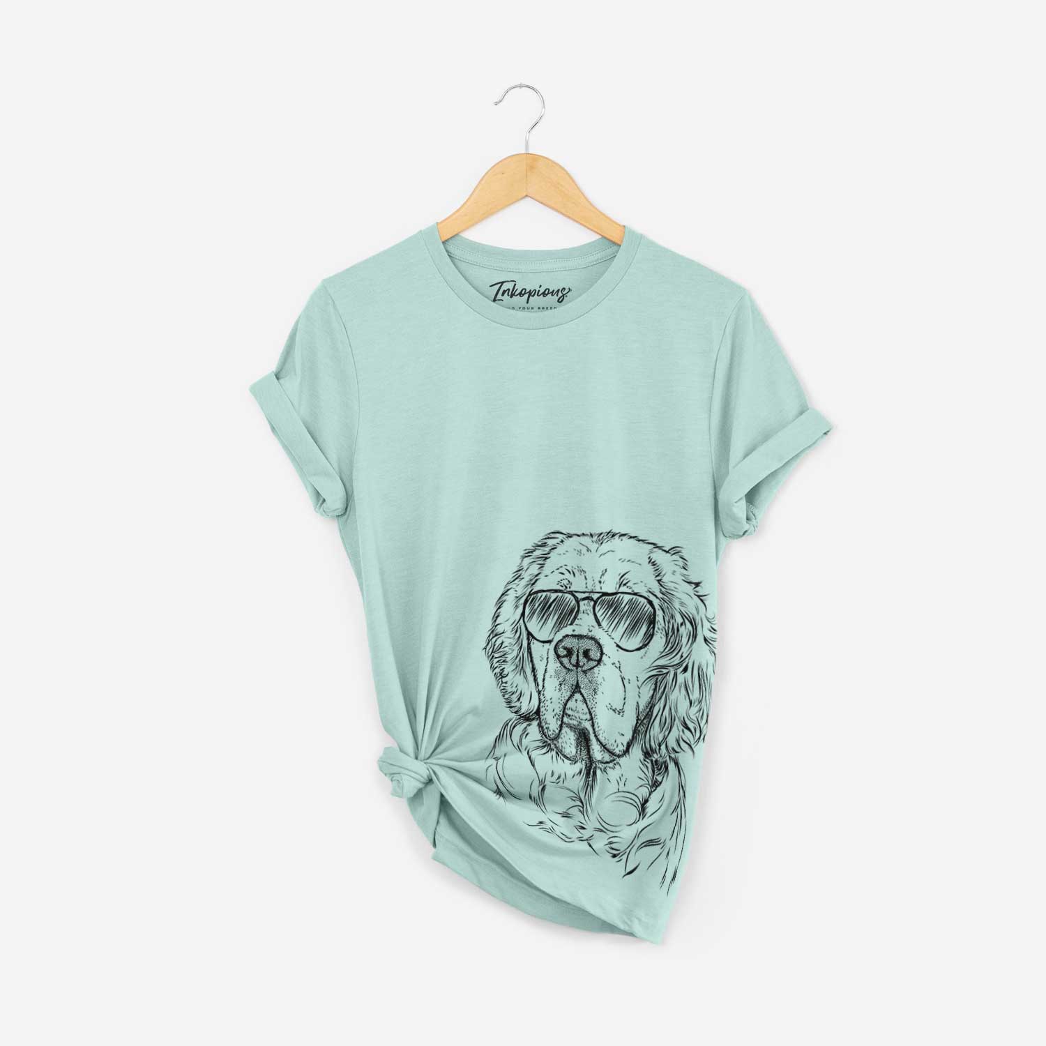 Hand-drawn sketch of Gary the Clumber Spaniel wearing aviator sunglasses on a Heather Sage Bella Canvas Unisex Crewneck