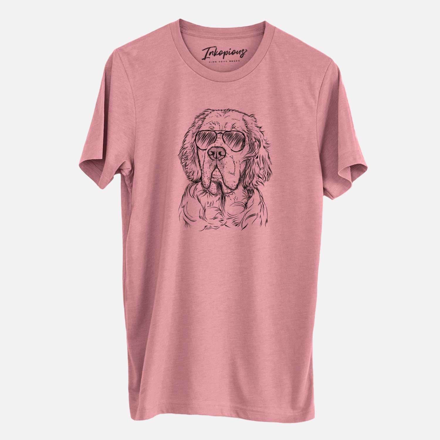 Hand-drawn sketch of Gary the Clumber Spaniel wearing aviator sunglasses on a Mauve Unisex crewneck