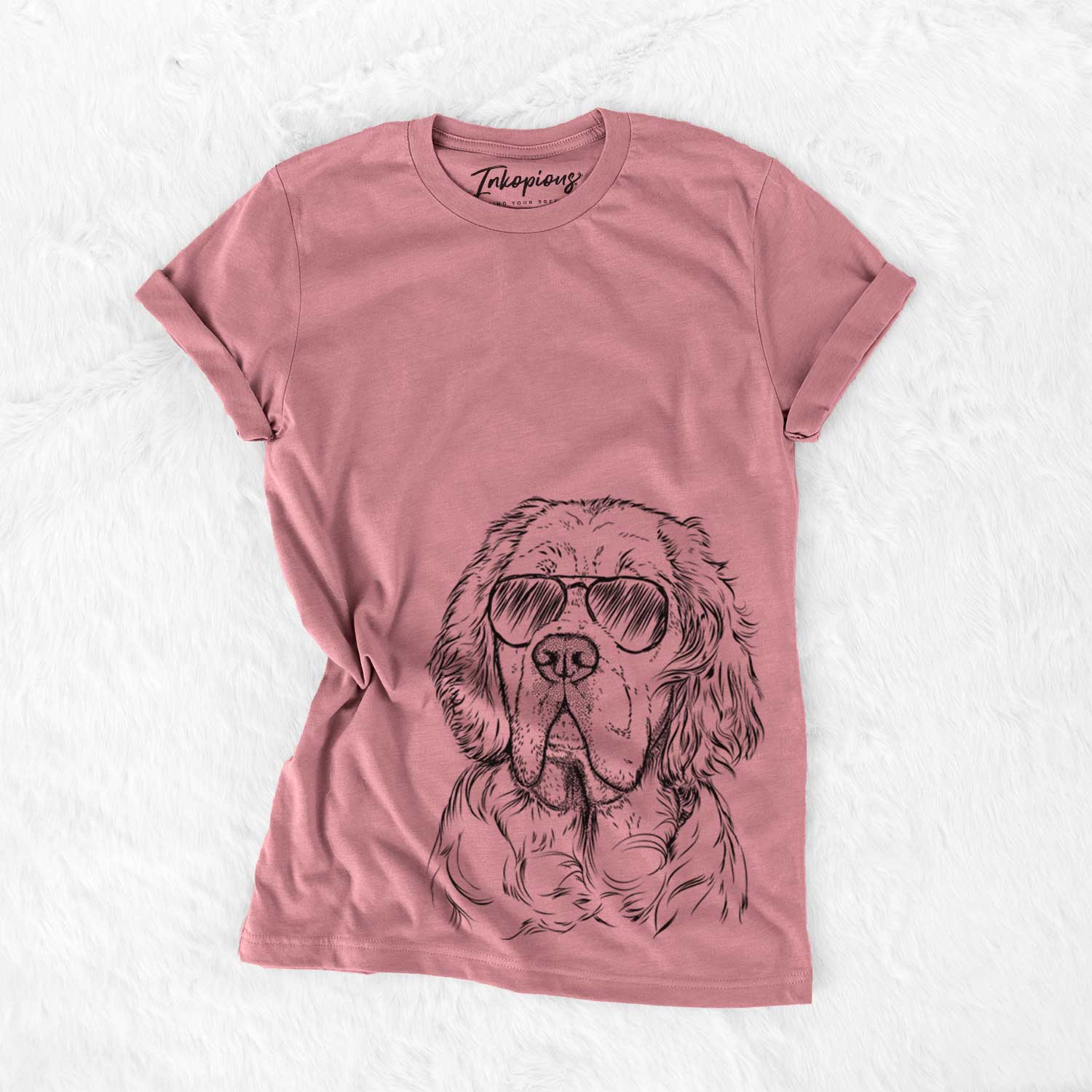 Hand-drawn sketch of Gary the Clumber Spaniel wearing aviator sunglasses on a Mauve Unisex crewneck