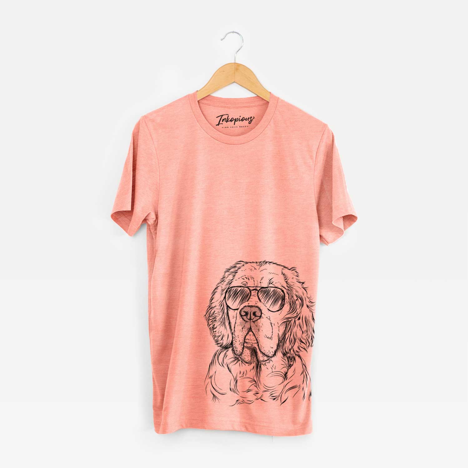 Hand-drawn sketch of Gary the Clumber Spaniel wearing aviator sunglasses on a Sunset Unisex crewneck