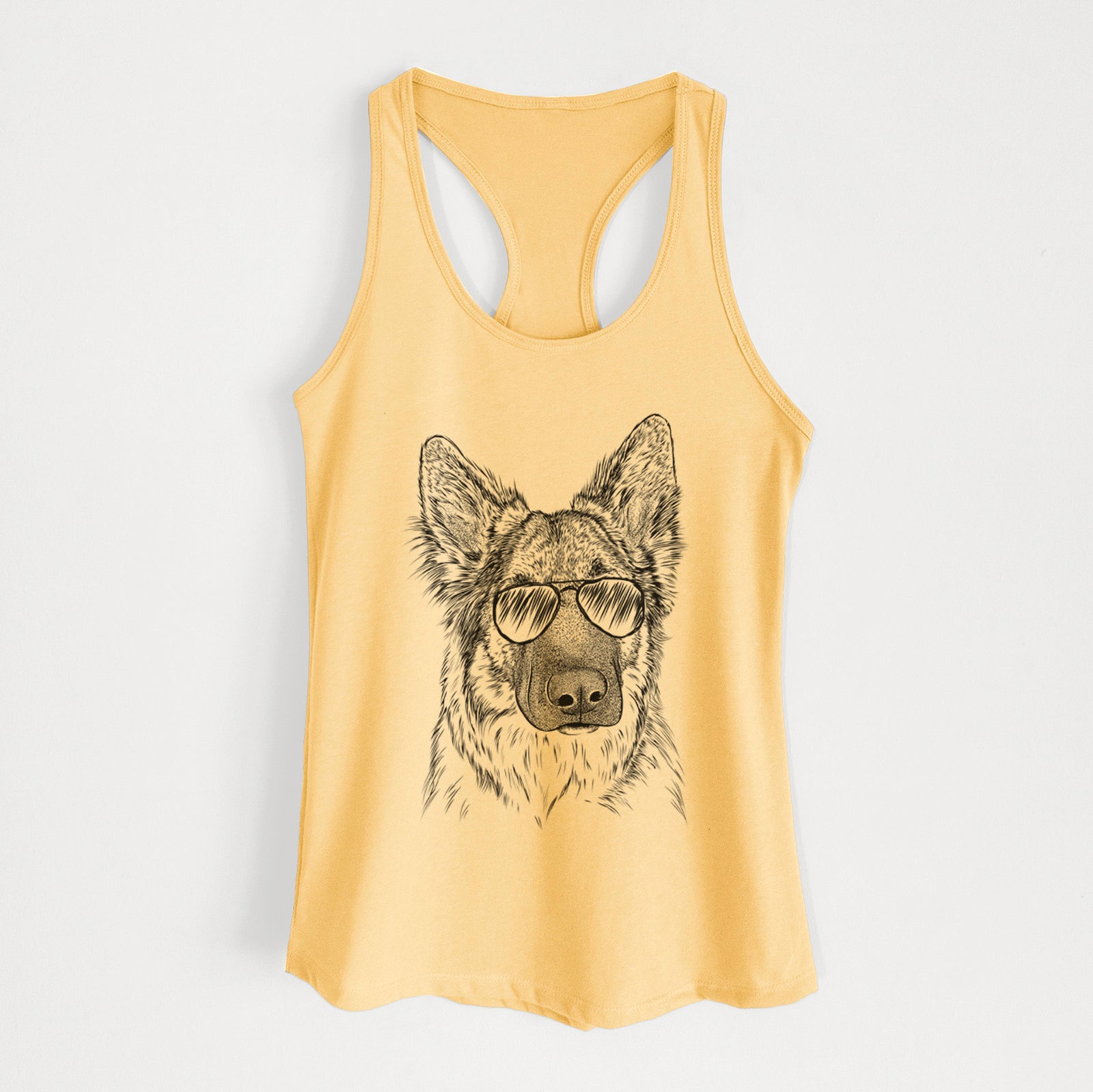 Hand-drawn sketch of Geddy the Shiloh Shepherd wearing aviator sunglasses on a Banana Cream Women's racerback tanktop