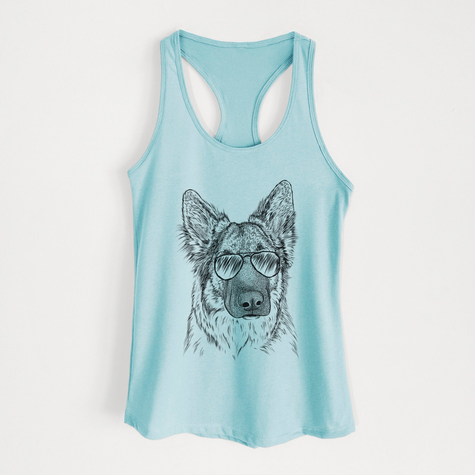 Hand-drawn sketch of Geddy the Shiloh Shepherd wearing aviator sunglasses on a Cancun Blue Women's racerback tanktop