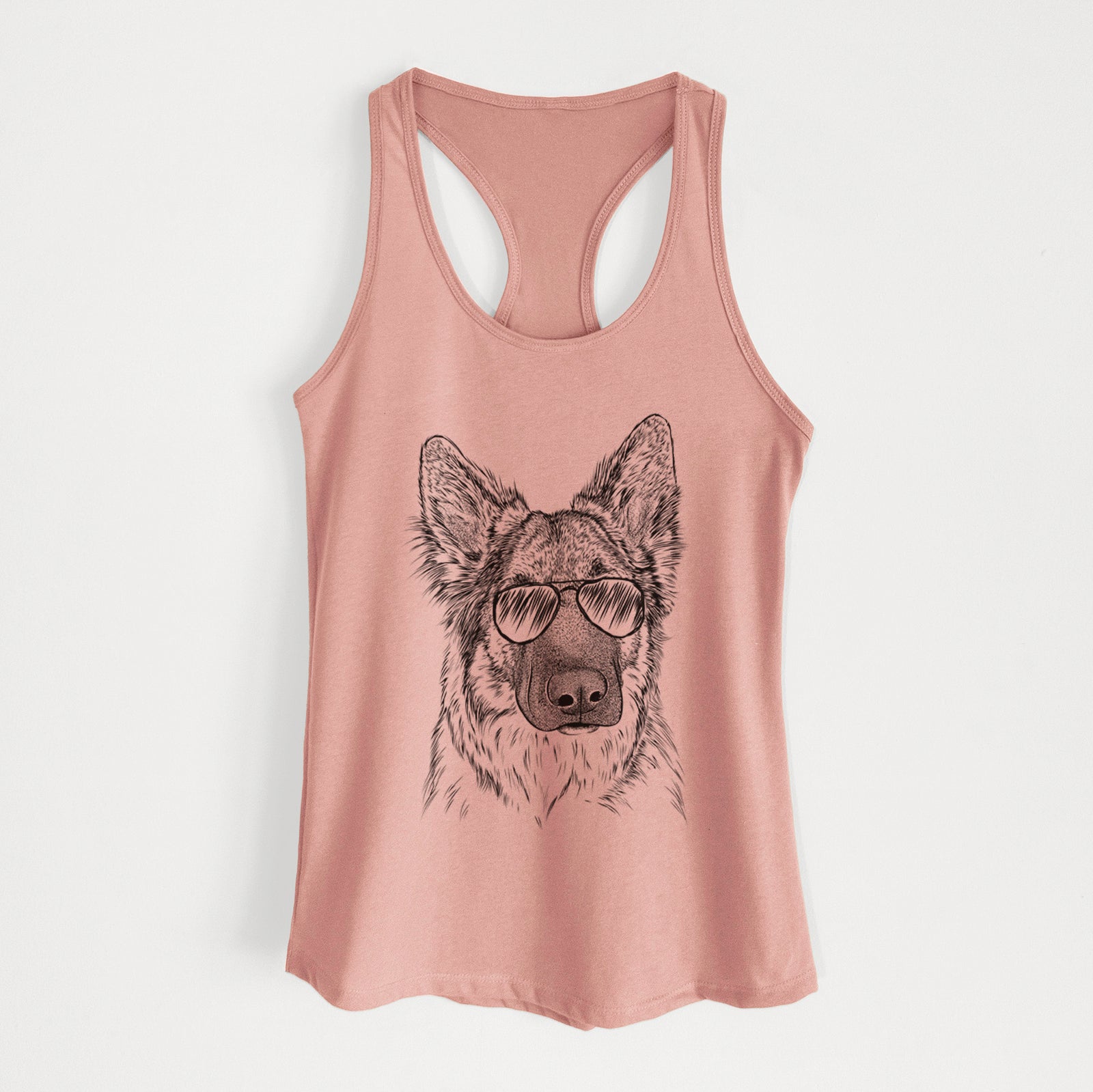 Hand-drawn sketch of Geddy the Shiloh Shepherd wearing aviator sunglasses on a Desert Pink Women's racerback tanktop