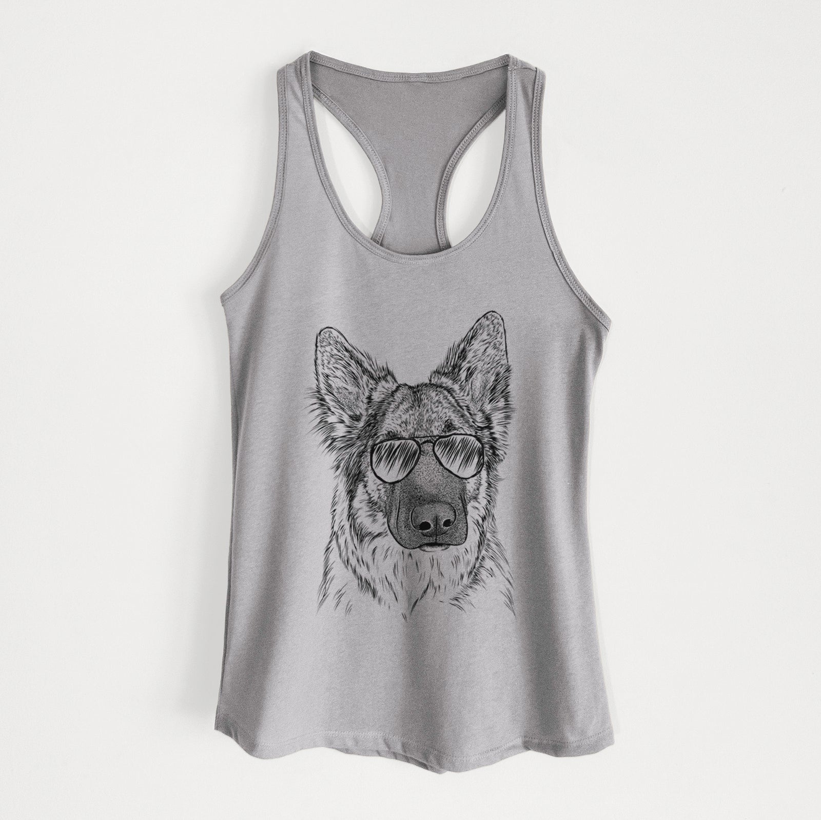 Hand-drawn sketch of Geddy the Shiloh Shepherd wearing aviator sunglasses on a Heather Grey Women's racerback tanktop