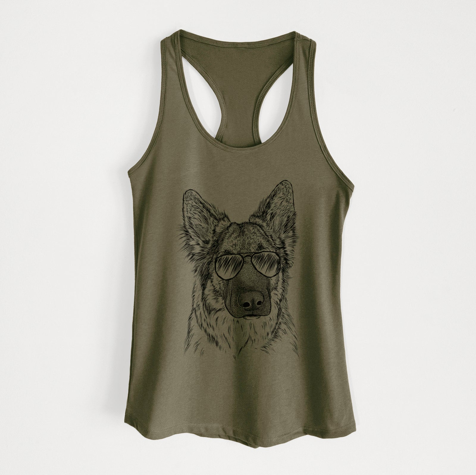 Hand-drawn sketch of Geddy the Shiloh Shepherd wearing aviator sunglasses on a Military Green Women's racerback tanktop