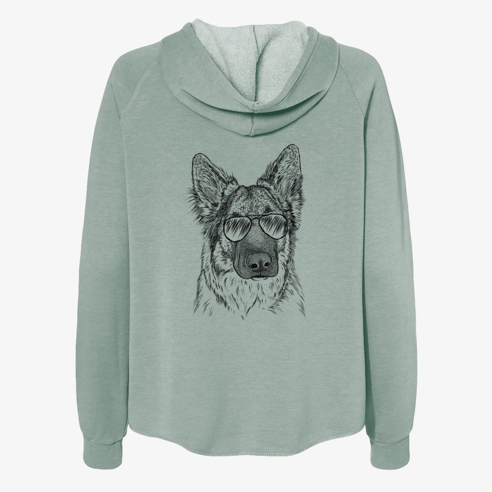 Hand-drawn sketch of Geddy the Shiloh Shepherd wearing aviator sunglasses on a Sage Women's cali wave zip-up sweatshirt