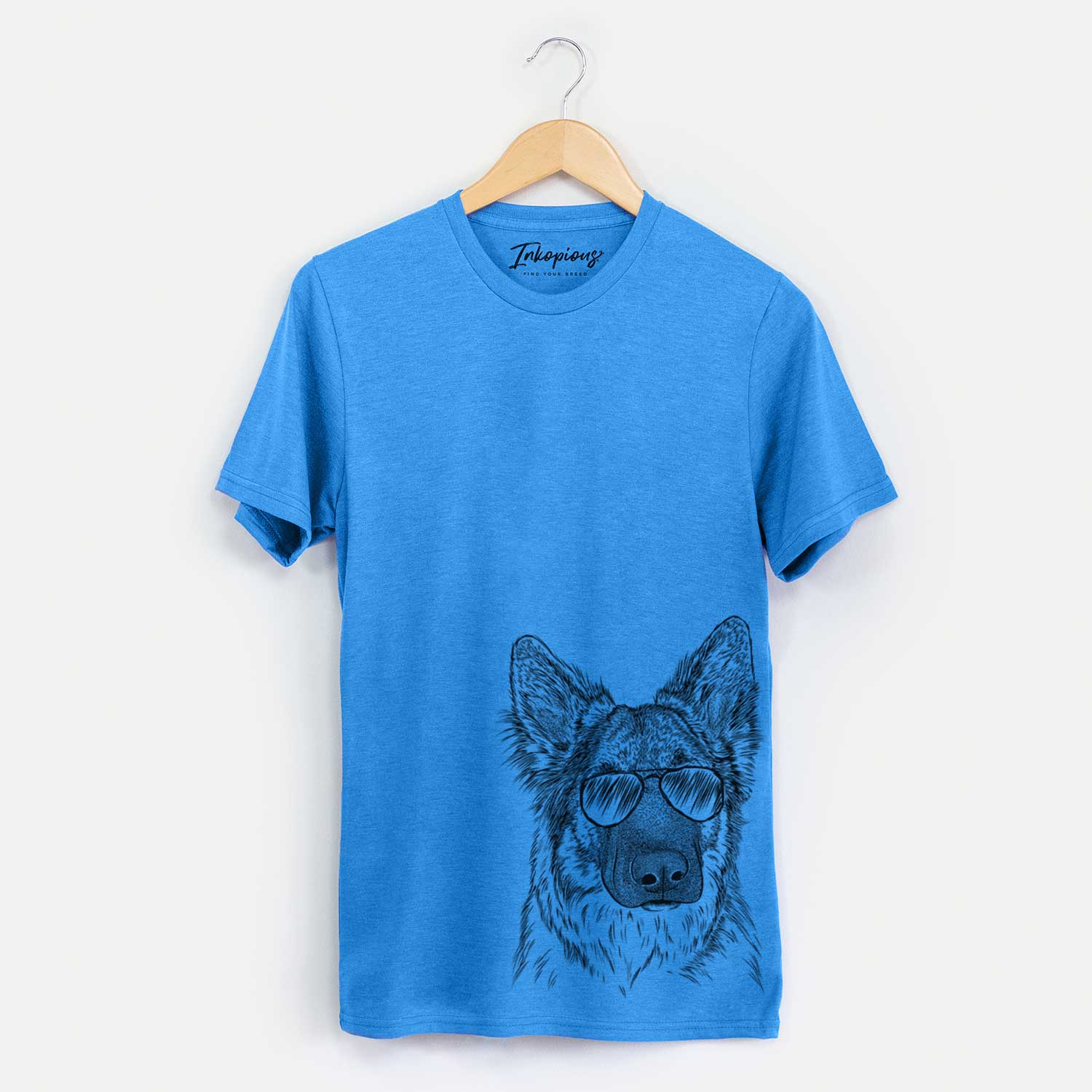 Hand-drawn sketch of Geddy the Shiloh Shepherd wearing aviator sunglasses on a Blue Unisex crewneck