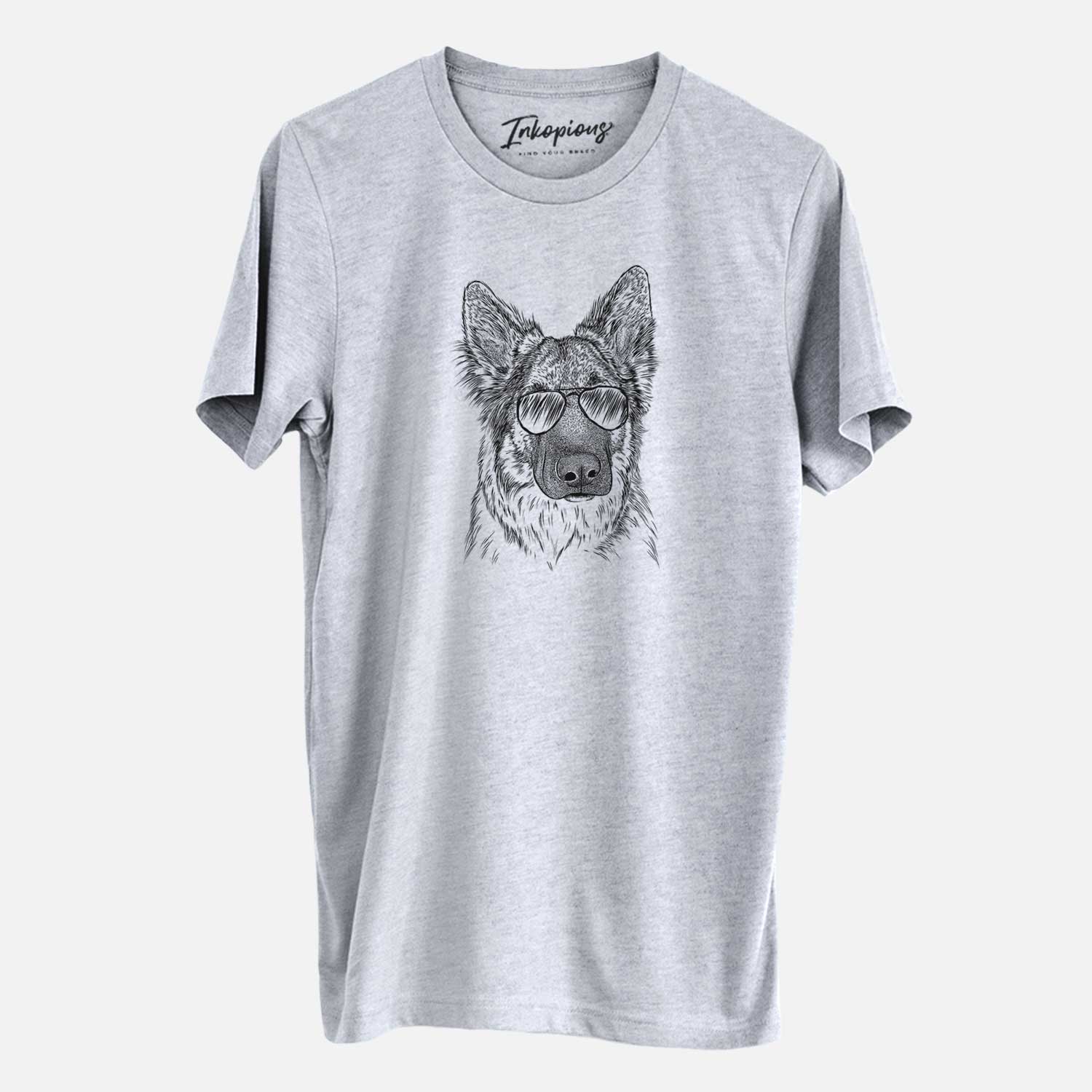 Hand-drawn sketch of Geddy the Shiloh Shepherd wearing aviator sunglasses on a Grey Unisex crewneck