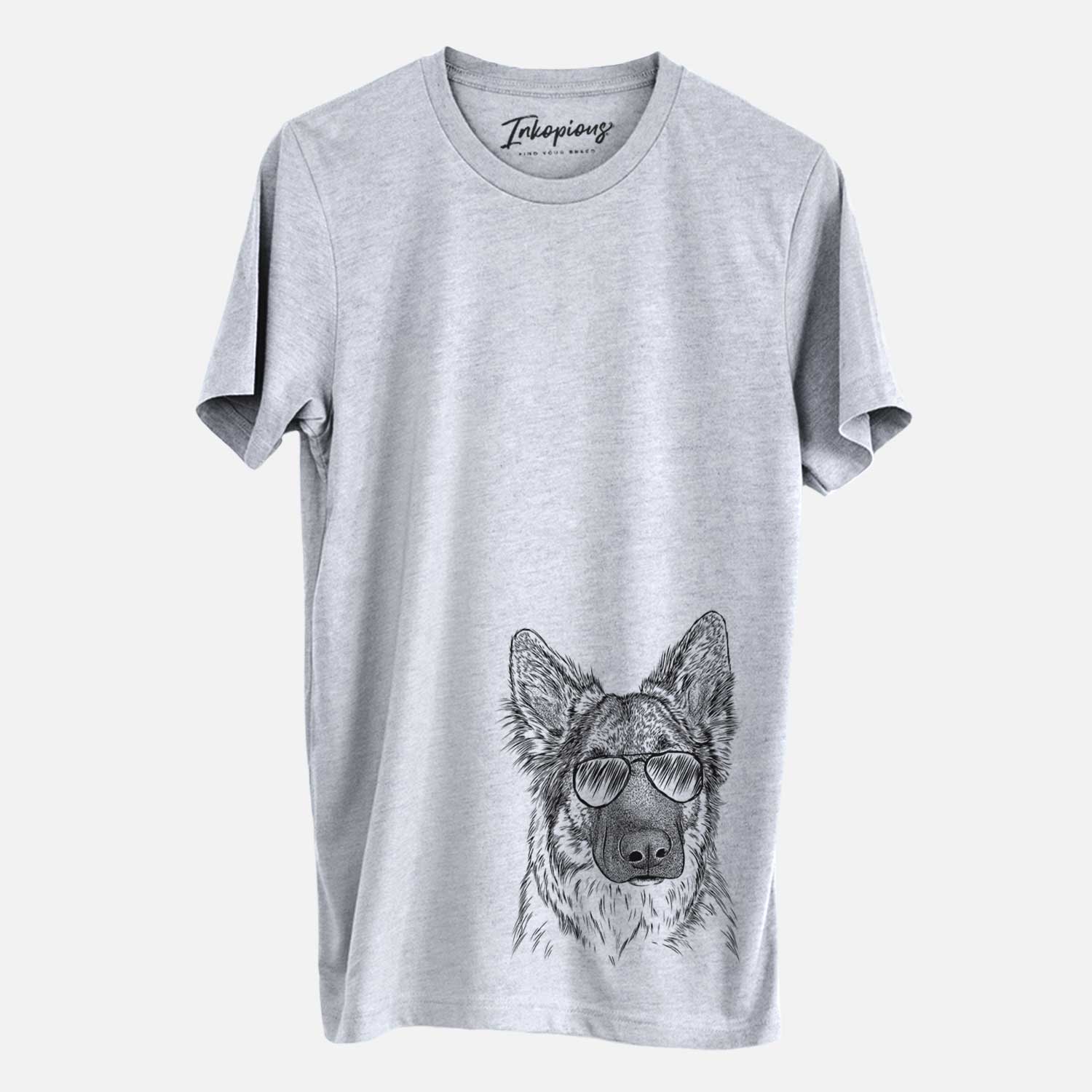 Hand-drawn sketch of Geddy the Shiloh Shepherd wearing aviator sunglasses on a Grey Unisex crewneck