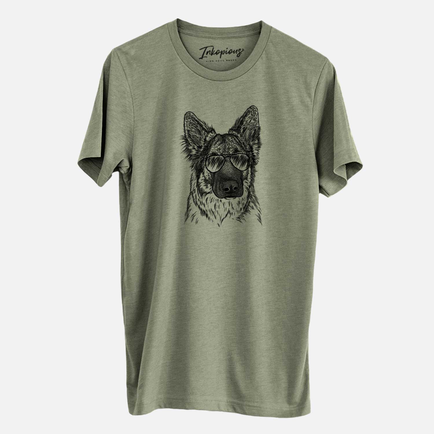 Hand-drawn sketch of Geddy the Shiloh Shepherd wearing aviator sunglasses on an Olive Unisex crewneck