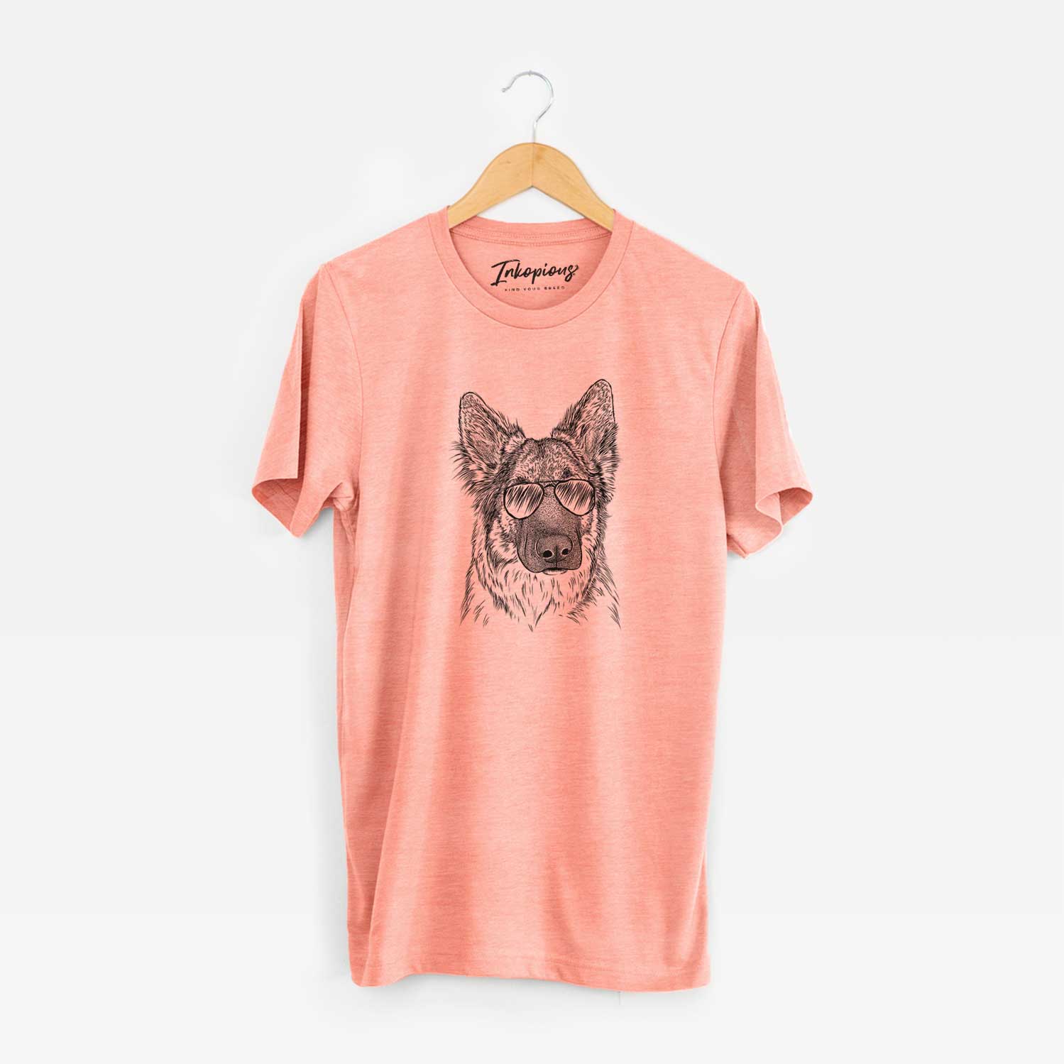 Hand-drawn sketch of Geddy the Shiloh Shepherd wearing aviator sunglasses on a Sunset Unisex crewneck