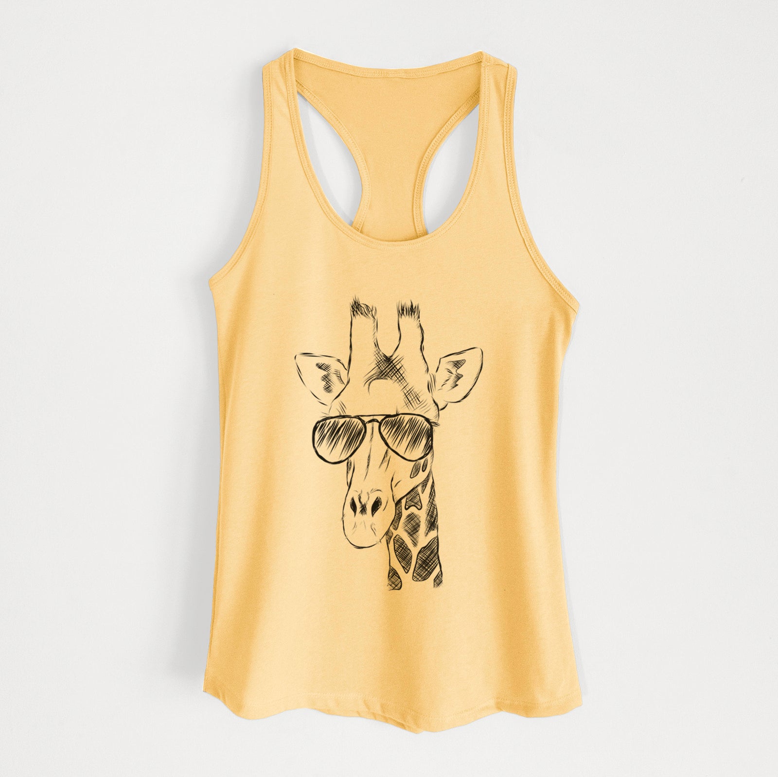 Hand-drawn sketch of Geoffrey the Giraffe wearing aviator sunglasses on a Banana Cream Women's racerback tanktop